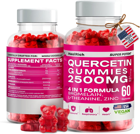 Vegan Immune Support Gummies with Quercetin 2500MG, Bromelain, L-Theanine, and Zinc - Allergy Relief and Lung Health for Kids and Adults