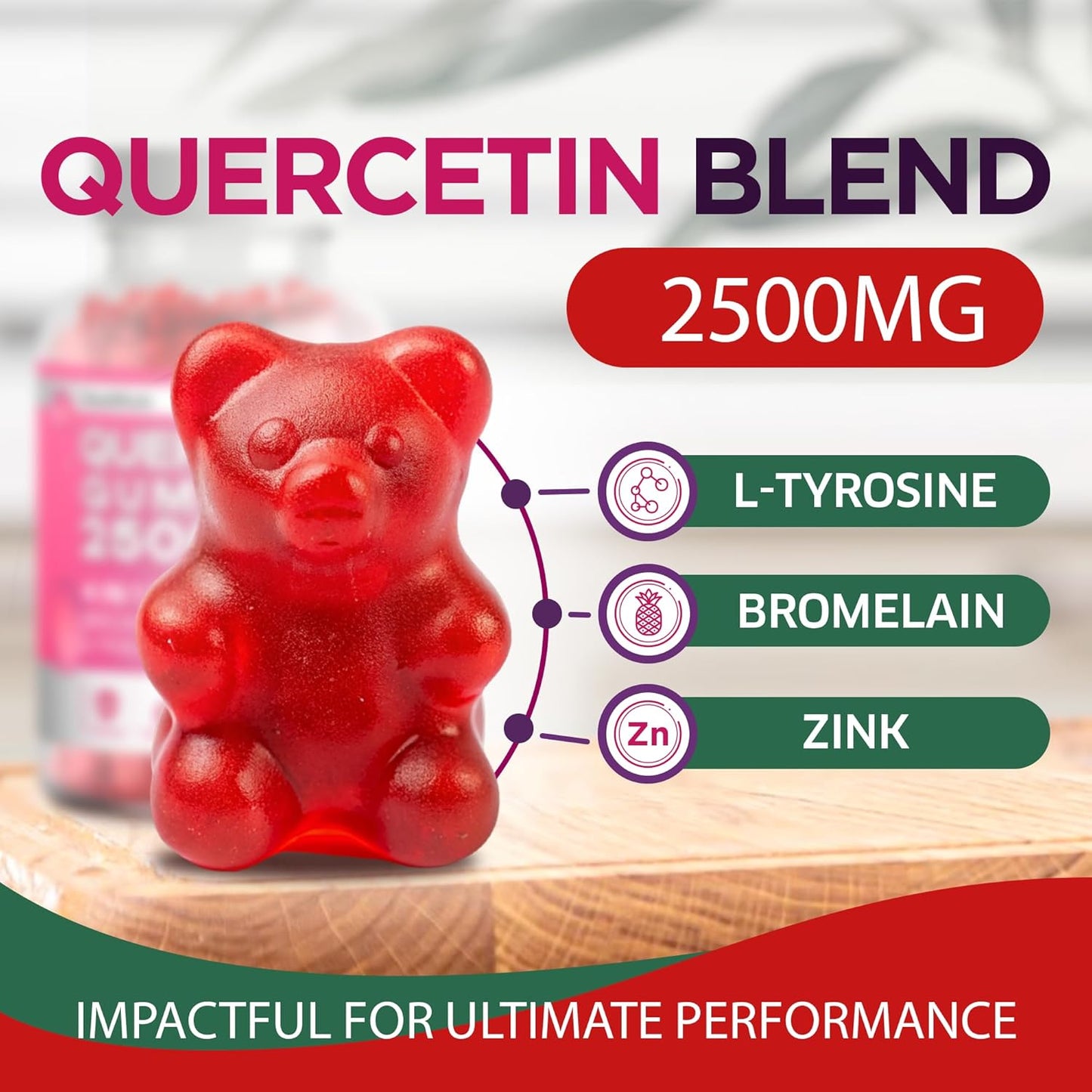 Vegan Immune Support Gummies with Quercetin 2500MG, Bromelain, L-Theanine, and Zinc - Allergy Relief and Lung Health for Kids and Adults