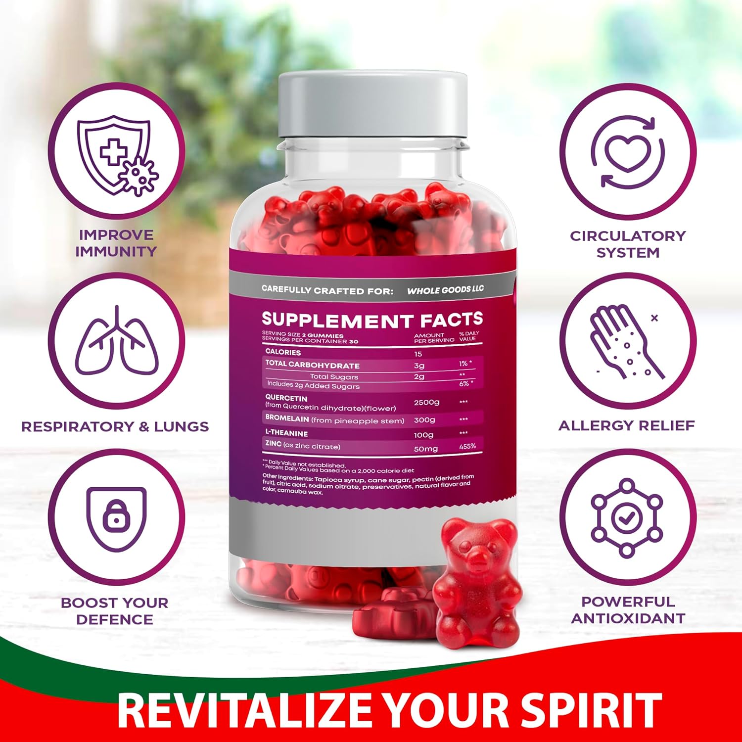 Vegan Immune Support Gummies with Quercetin 2500MG, Bromelain, L-Theanine, and Zinc - Allergy Relief and Lung Health for Kids and Adults