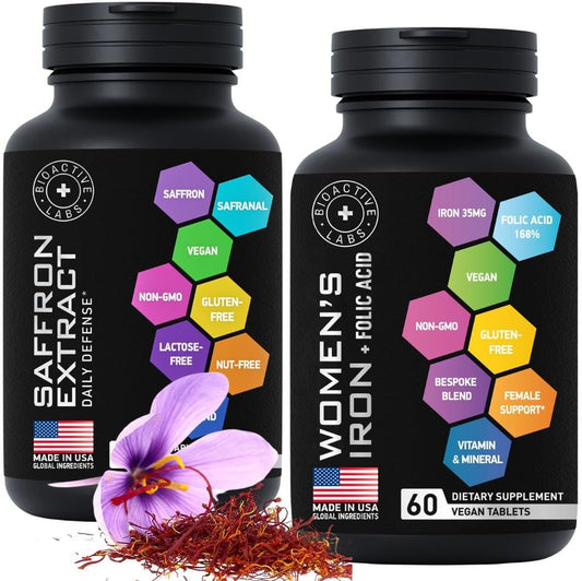 Vegan Iron Supplements and Optimized Saffron Bundle for Women by BIOACTIVE LABS