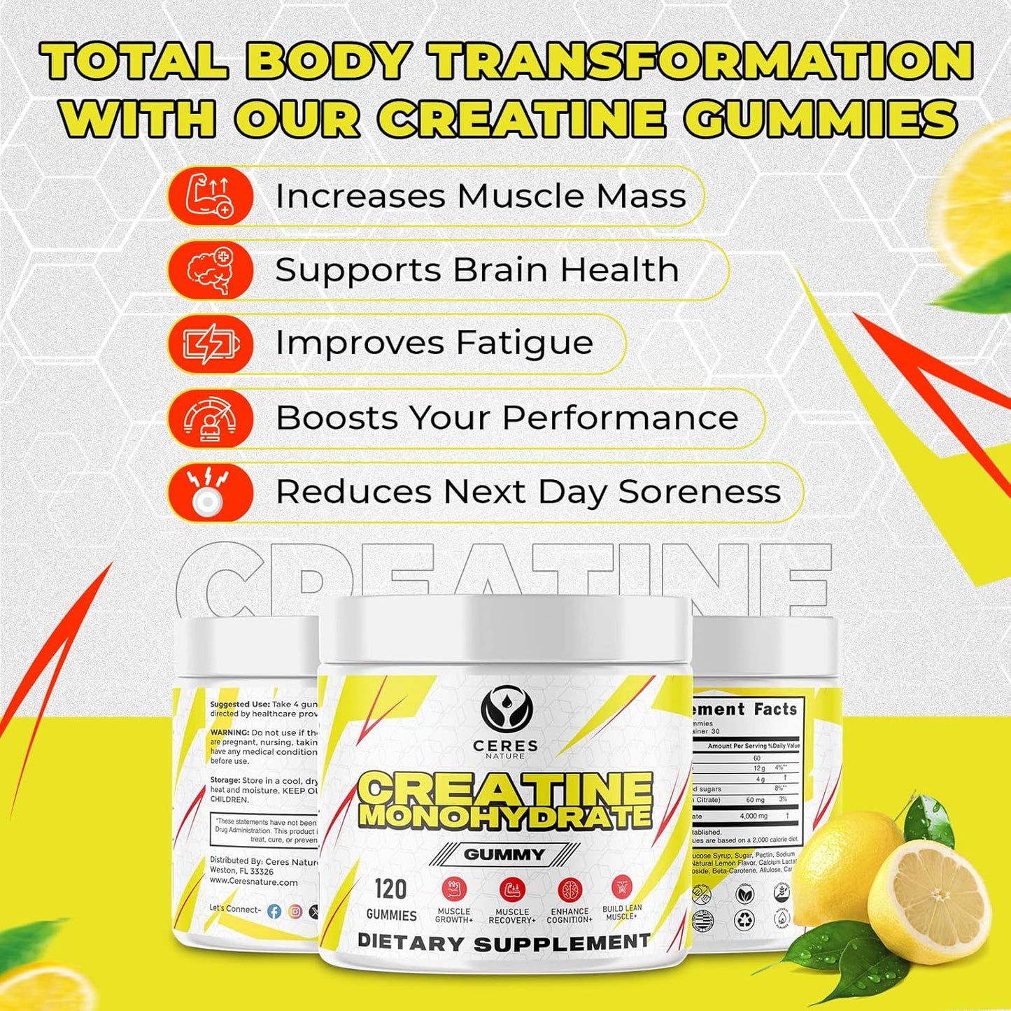 Vegan Lemon Flavored Creatine Monohydrate Gummies - 5g per Serving - 120 Count for Men & Women by Ceres Nature