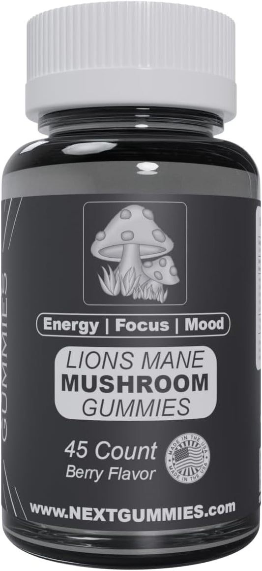 Vegan Lion’s Mane Mushroom Gummies for Mood Boosting and Focus - 45-Count Natural Berry-flavored Supplements, Non-GMO