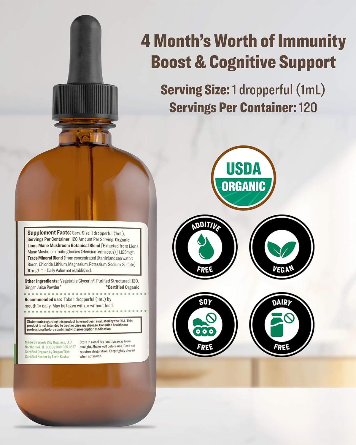 Vegan Lion's Mane Mushroom Tincture with Nano-Processed Immunity Boost - 120 Servings of Drops - Pack of 1