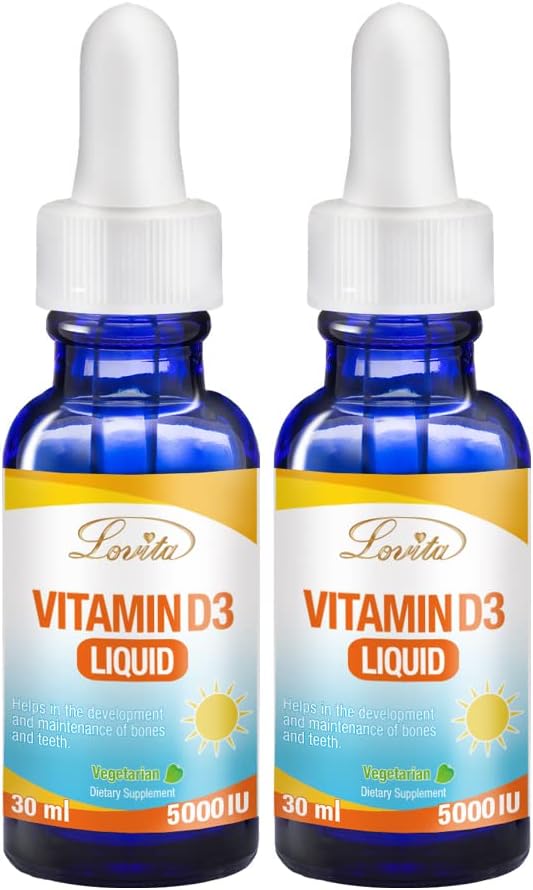 Vegan Lovita Vitamin D3 5000 IU Drops for Immune Support & Strong Bones, 1 Fl Oz - Pack of 2, Adjustable Dosing for All Ages