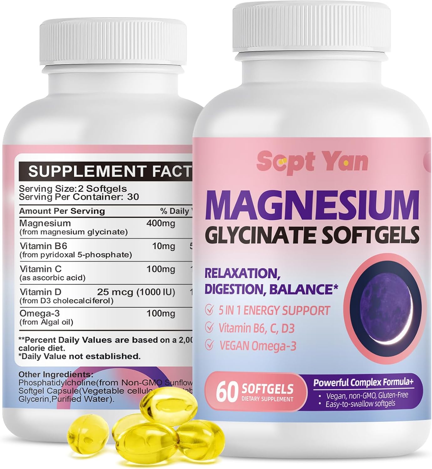 Vegan Magnesium Glycinate Softgels with Vitamin B6, C, D3, Omega-3 | 60 Count for Calm, Muscle & Sleep Support | Highly Absorbable Supplement for Men & Women