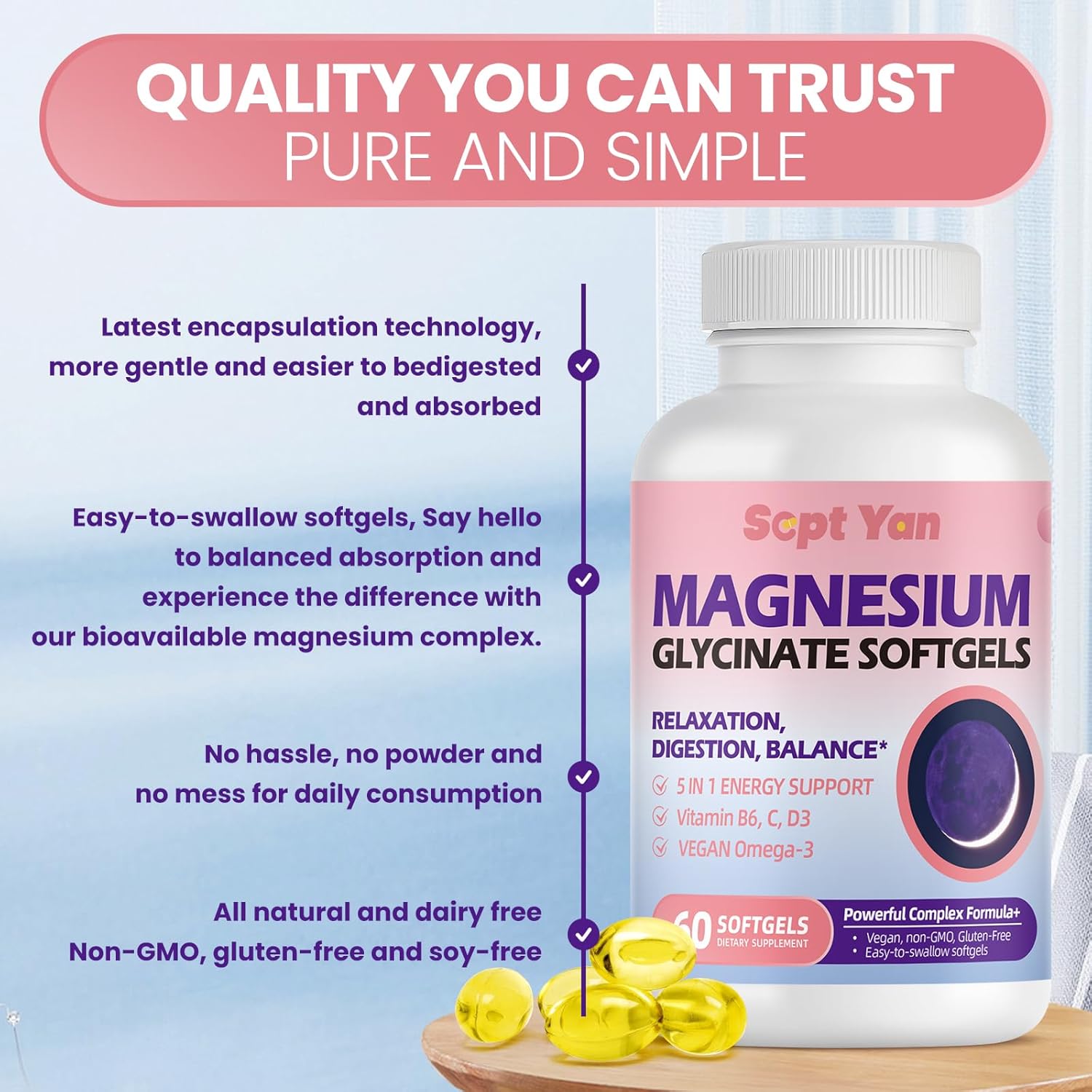 Vegan Magnesium Glycinate Softgels with Vitamin B6, C, D3, Omega-3 | 60 Count for Calm, Muscle & Sleep Support | Highly Absorbable Supplement for Men & Women