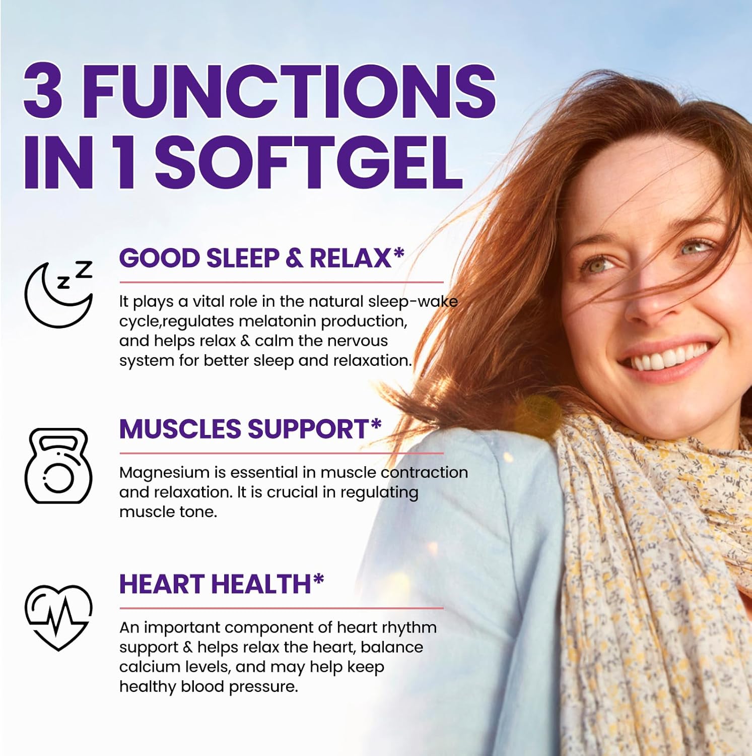 Vegan Magnesium Glycinate Softgels with Vitamin B6, C, D3, Omega-3 | 60 Count for Calm, Muscle & Sleep Support | Highly Absorbable Supplement for Men & Women