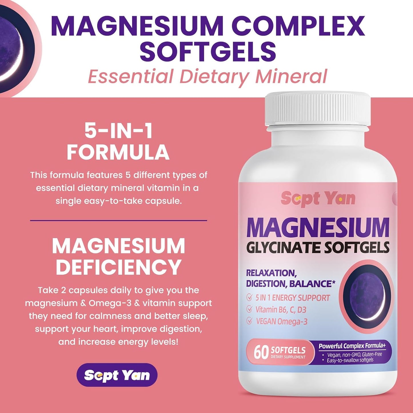 Vegan Magnesium Glycinate Softgels with Vitamin B6, C, D3, Omega-3 | 60 Count for Calm, Muscle & Sleep Support | Highly Absorbable Supplement for Men & Women