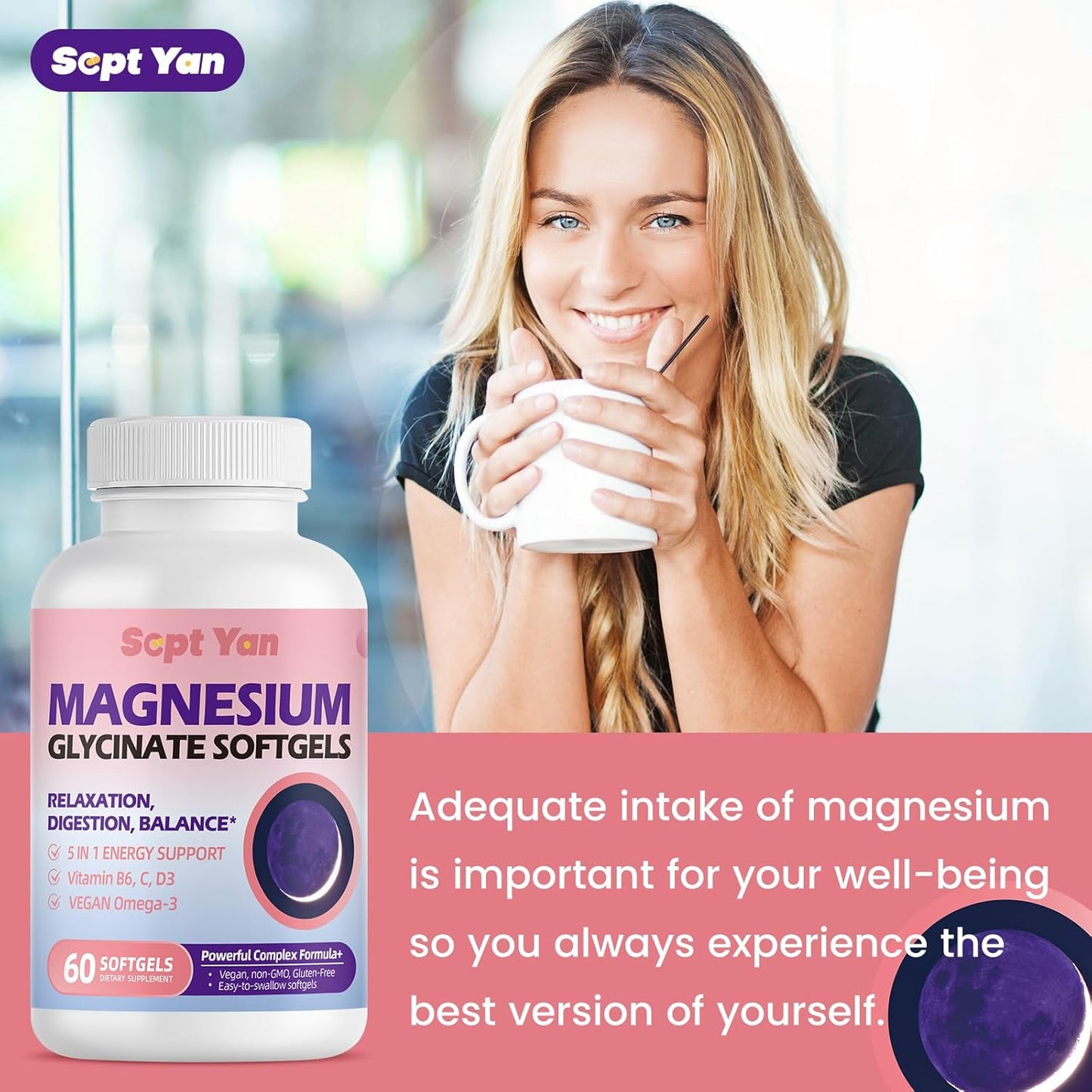Vegan Magnesium Glycinate Softgels with Vitamin B6, C, D3, Omega-3 | 60 Count for Calm, Muscle & Sleep Support | Highly Absorbable Supplement for Men & Women