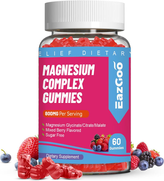 Vegan Magnesium Gummies with Vitamin D3, C, B6, B12 & Zinc - Muscle, Mood & Energy Support - 800mg - 60 Gummies