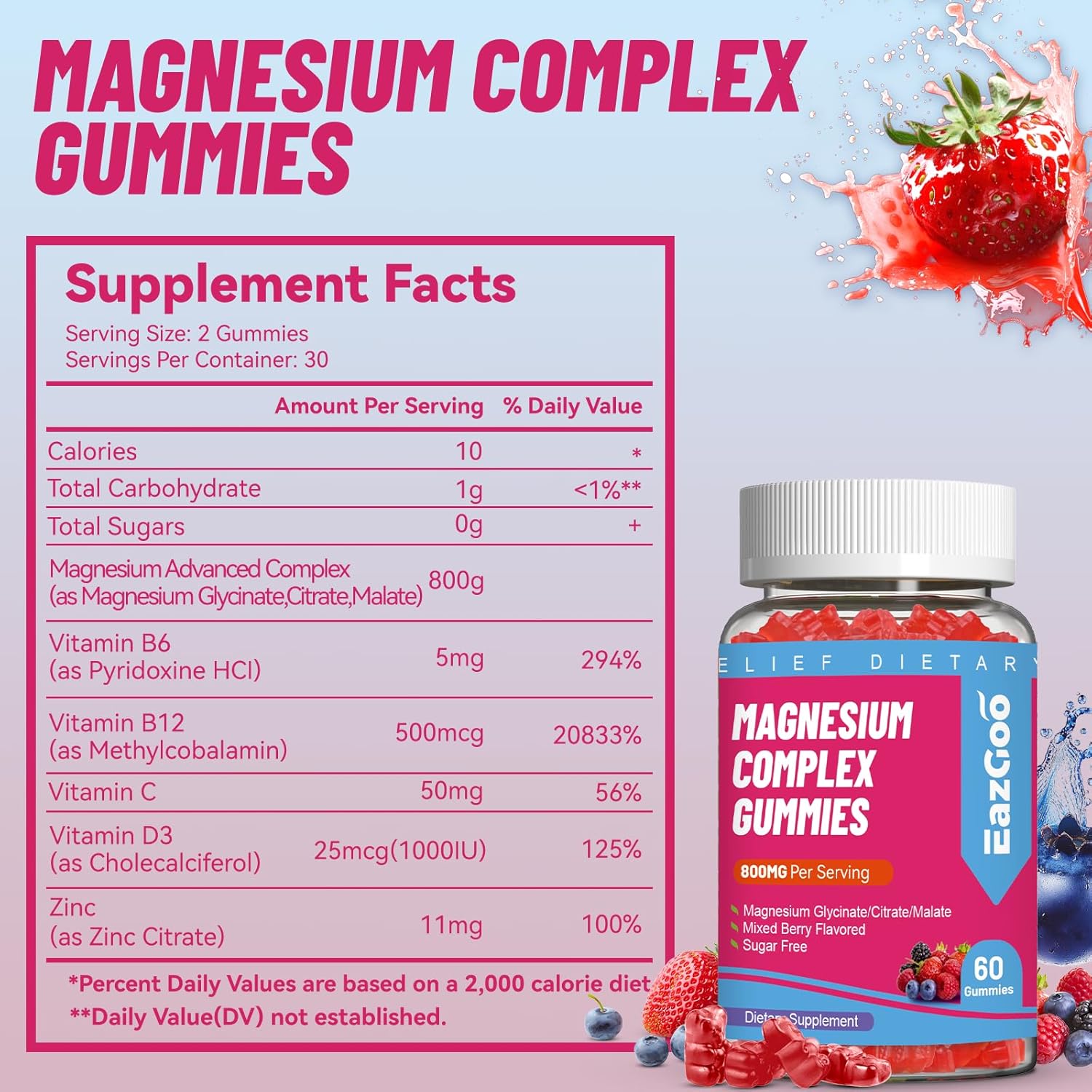 Vegan Magnesium Gummies with Vitamin D3, C, B6, B12 & Zinc - Muscle, Mood & Energy Support - 800mg - 60 Gummies