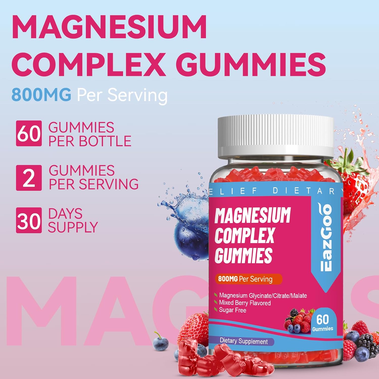 Vegan Magnesium Gummies with Vitamin D3, C, B6, B12 & Zinc - Muscle, Mood & Energy Support - 800mg - 60 Gummies