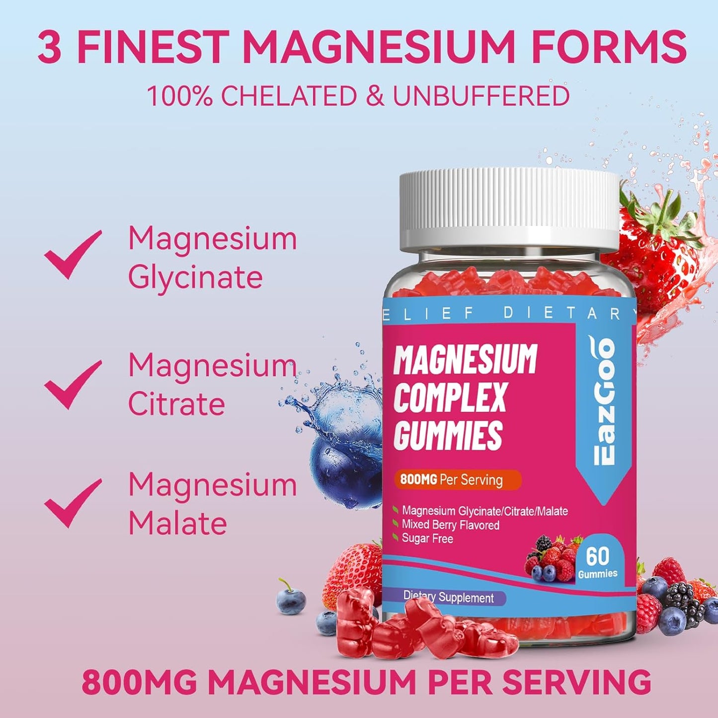 Vegan Magnesium Gummies with Vitamin D3, C, B6, B12 & Zinc - Muscle, Mood & Energy Support - 800mg - 60 Gummies