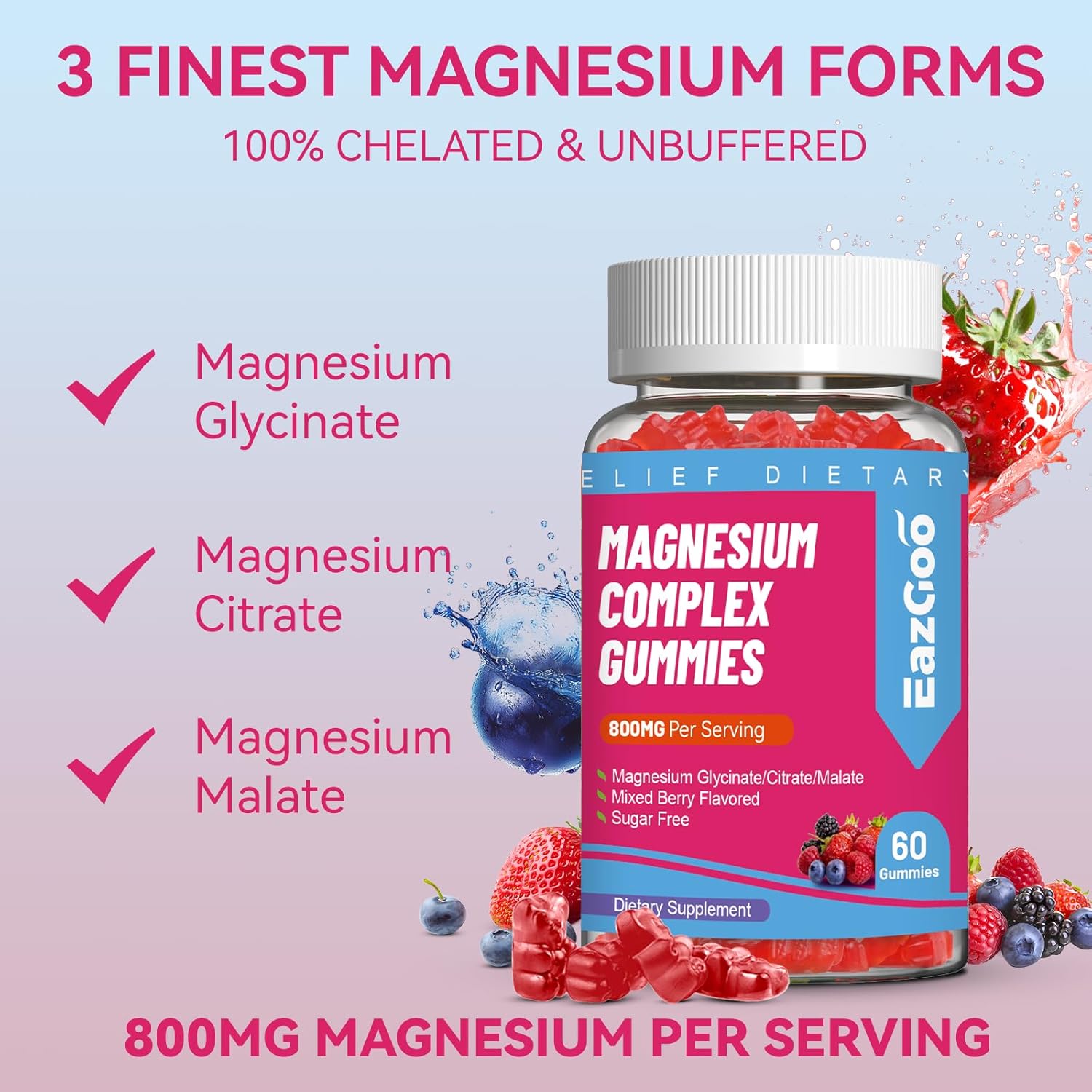 Vegan Magnesium Gummies with Vitamin D3, C, B6, B12 & Zinc - Muscle, Mood & Energy Support - 800mg - 60 Gummies