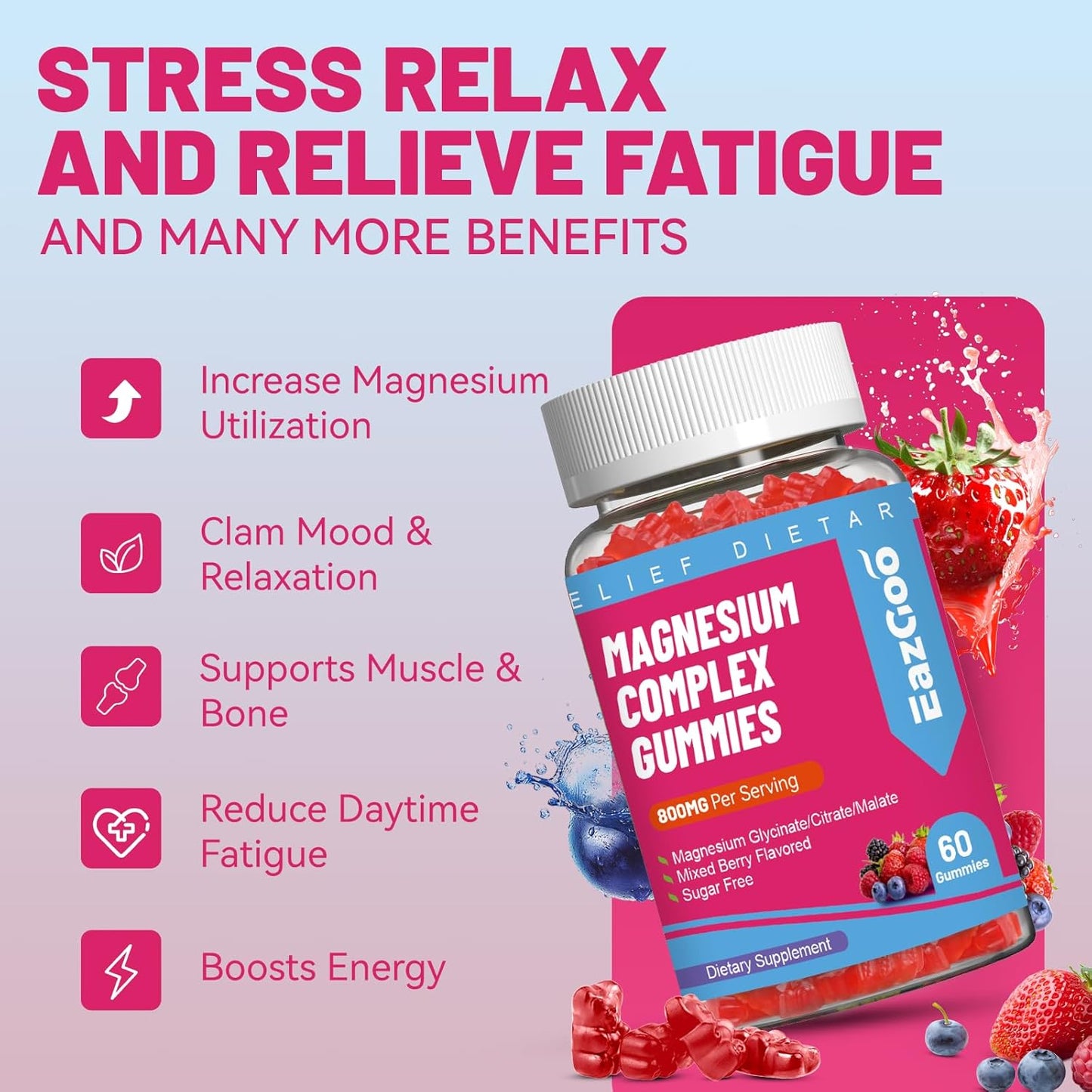 Vegan Magnesium Gummies with Vitamin D3, C, B6, B12 & Zinc - Muscle, Mood & Energy Support - 800mg - 60 Gummies