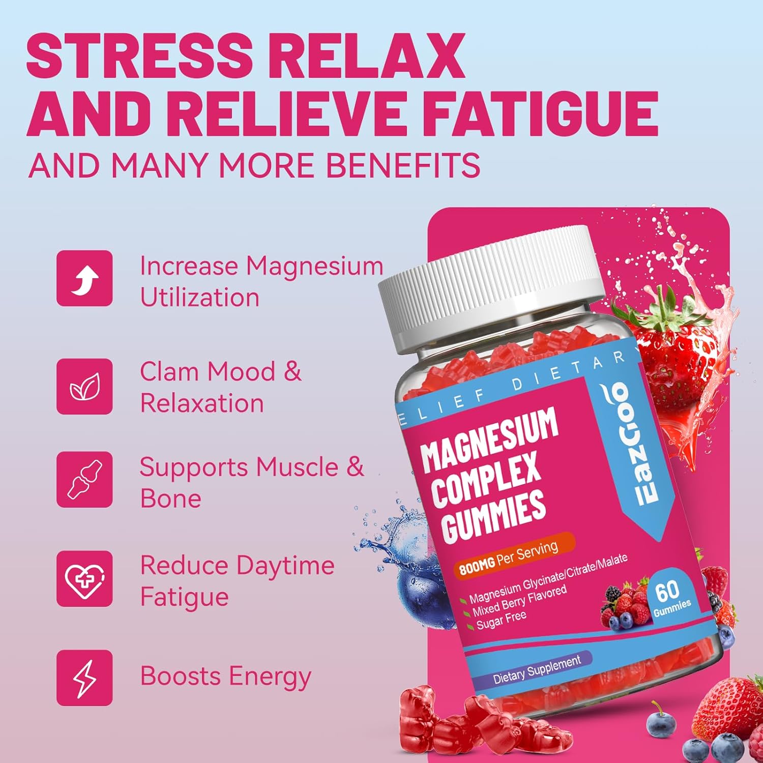 Vegan Magnesium Gummies with Vitamin D3, C, B6, B12 & Zinc - Muscle, Mood & Energy Support - 800mg - 60 Gummies