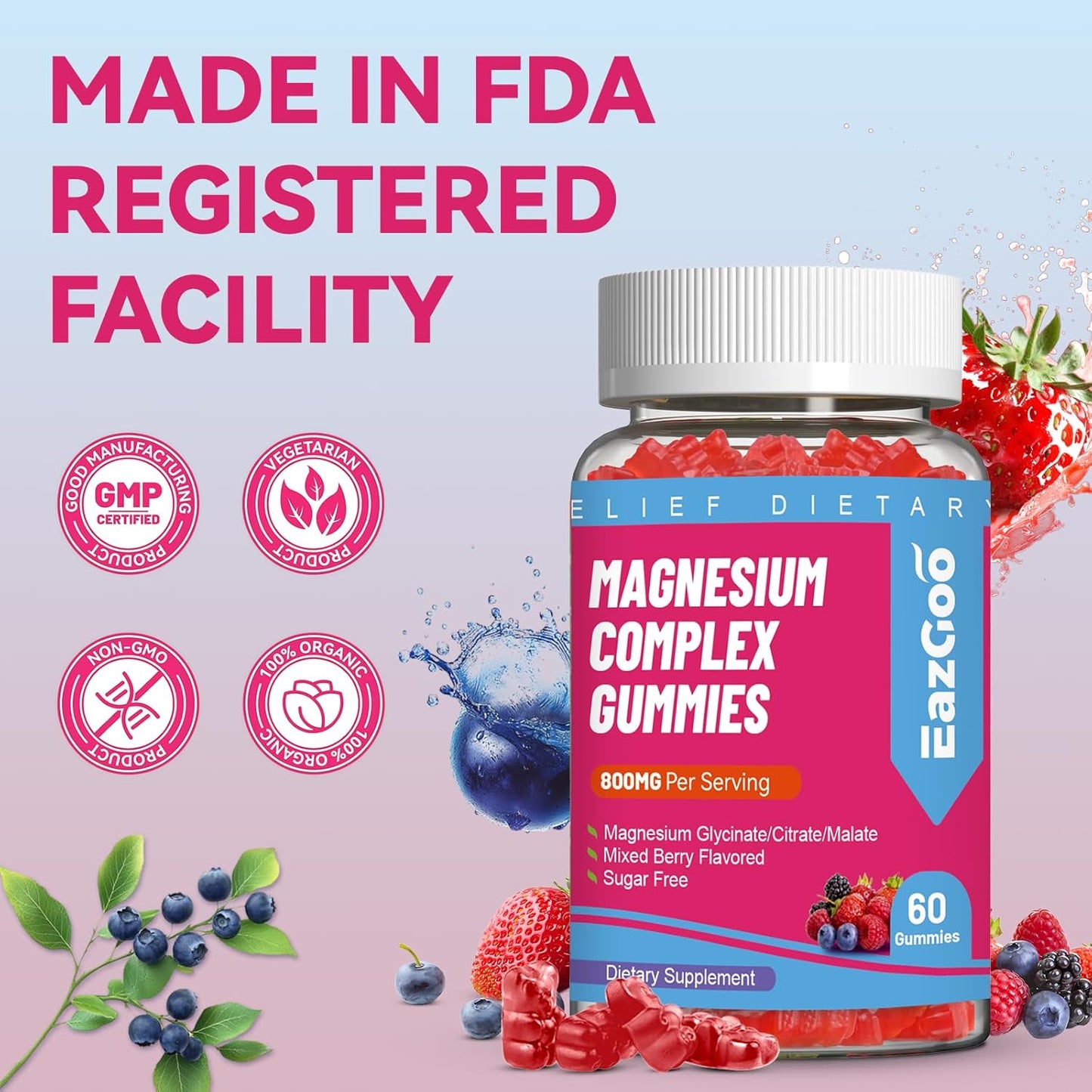 Vegan Magnesium Gummies with Vitamin D3, C, B6, B12 & Zinc - Muscle, Mood & Energy Support - 800mg - 60 Gummies