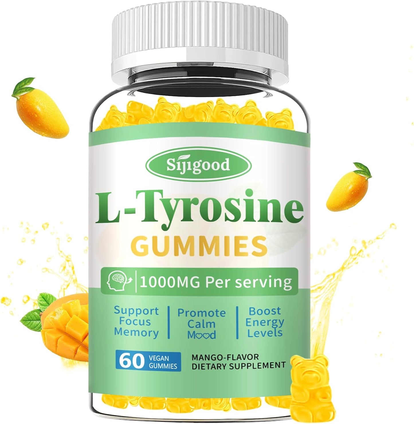 Vegan Mango L-Tyrosine Gummies for Brain, Mood, Energy - 60 Count Gluten-Free Supplement for Adults & Kids