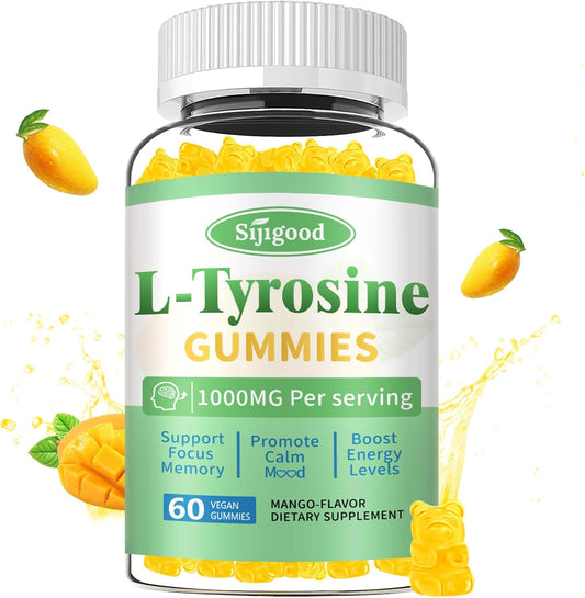 Vegan Mango L-Tyrosine Gummies for Brain, Mood, Energy - 60 Count Gluten-Free Supplement for Adults & Kids