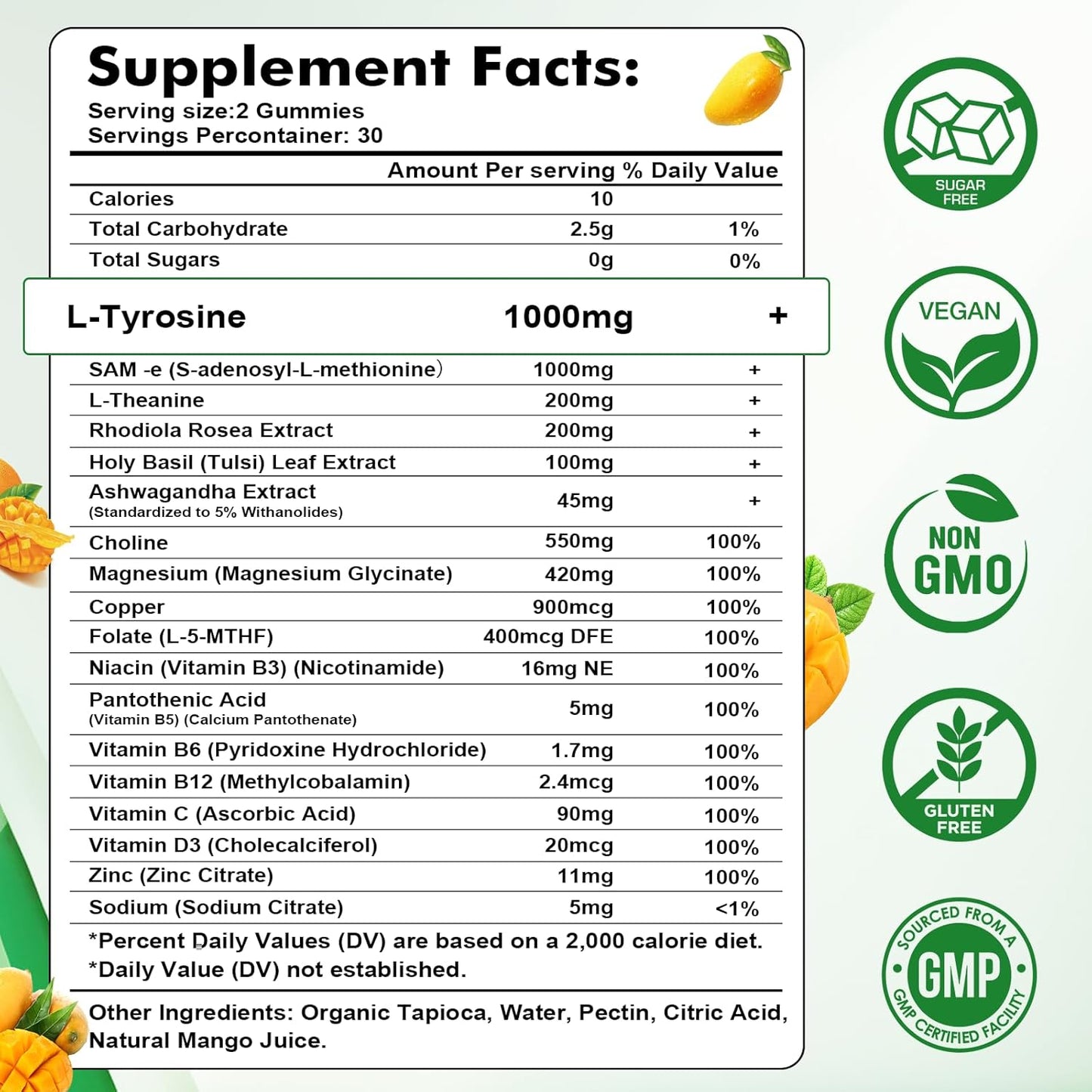 Vegan Mango L-Tyrosine Gummies for Brain, Mood, Energy - 60 Count Gluten-Free Supplement for Adults & Kids