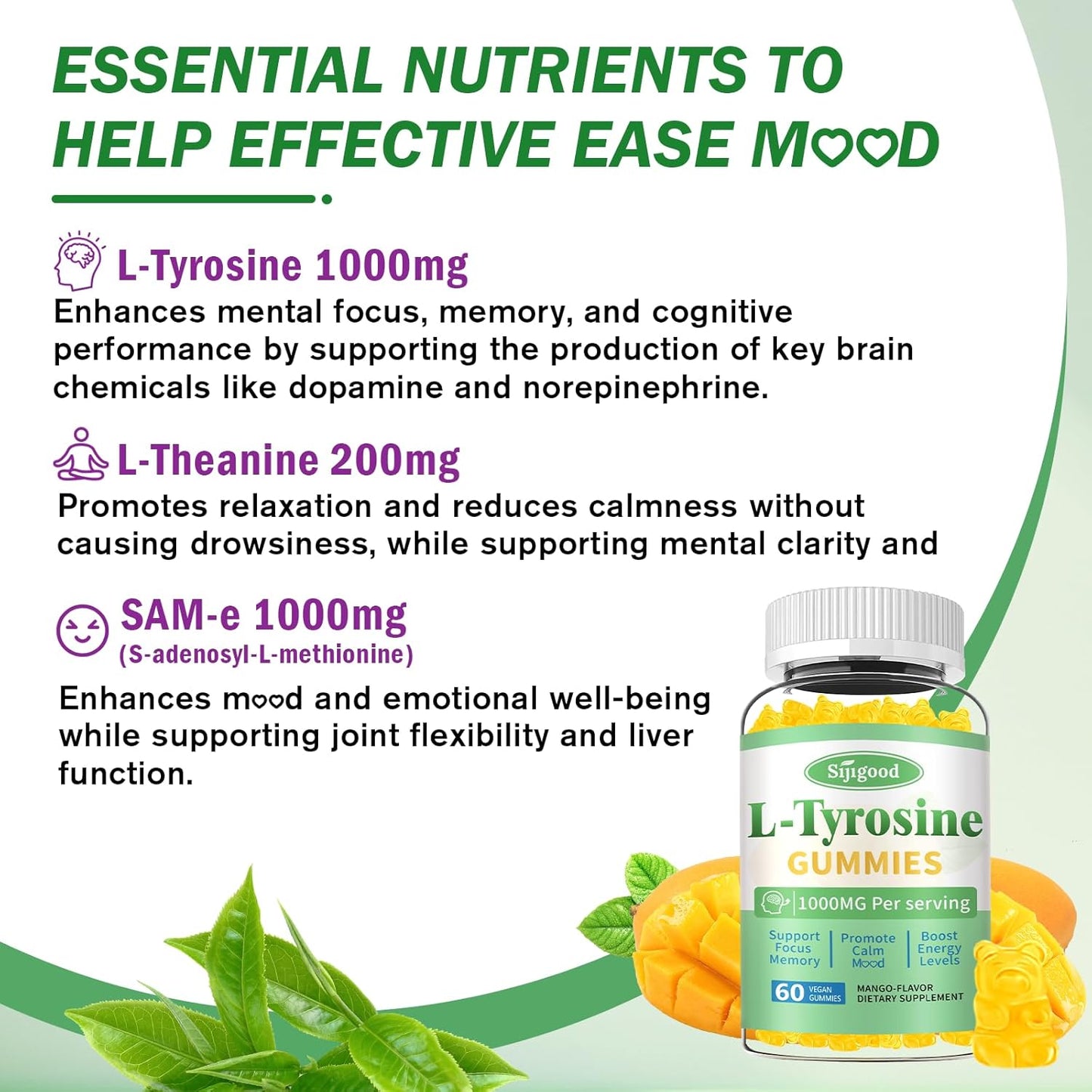 Vegan Mango L-Tyrosine Gummies for Brain, Mood, Energy - 60 Count Gluten-Free Supplement for Adults & Kids