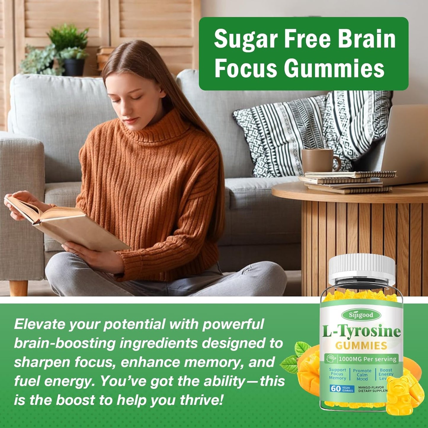 Vegan Mango L-Tyrosine Gummies for Brain, Mood, Energy - 60 Count Gluten-Free Supplement for Adults & Kids
