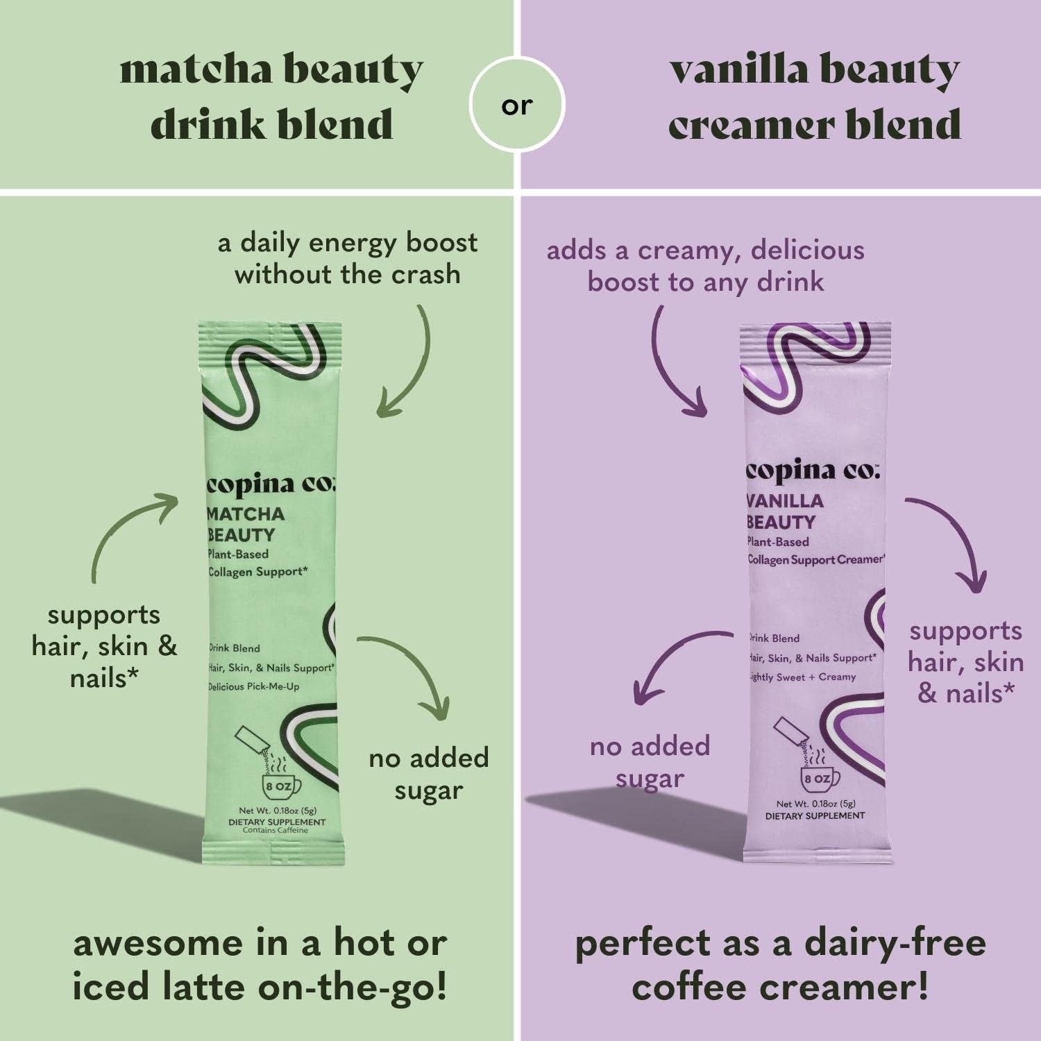 Vegan Matcha Beauty Collagen Booster Drink Blend Variety Pack - 10 Individual Stick Packs | Plant Based Support Smoothie Drink Blend