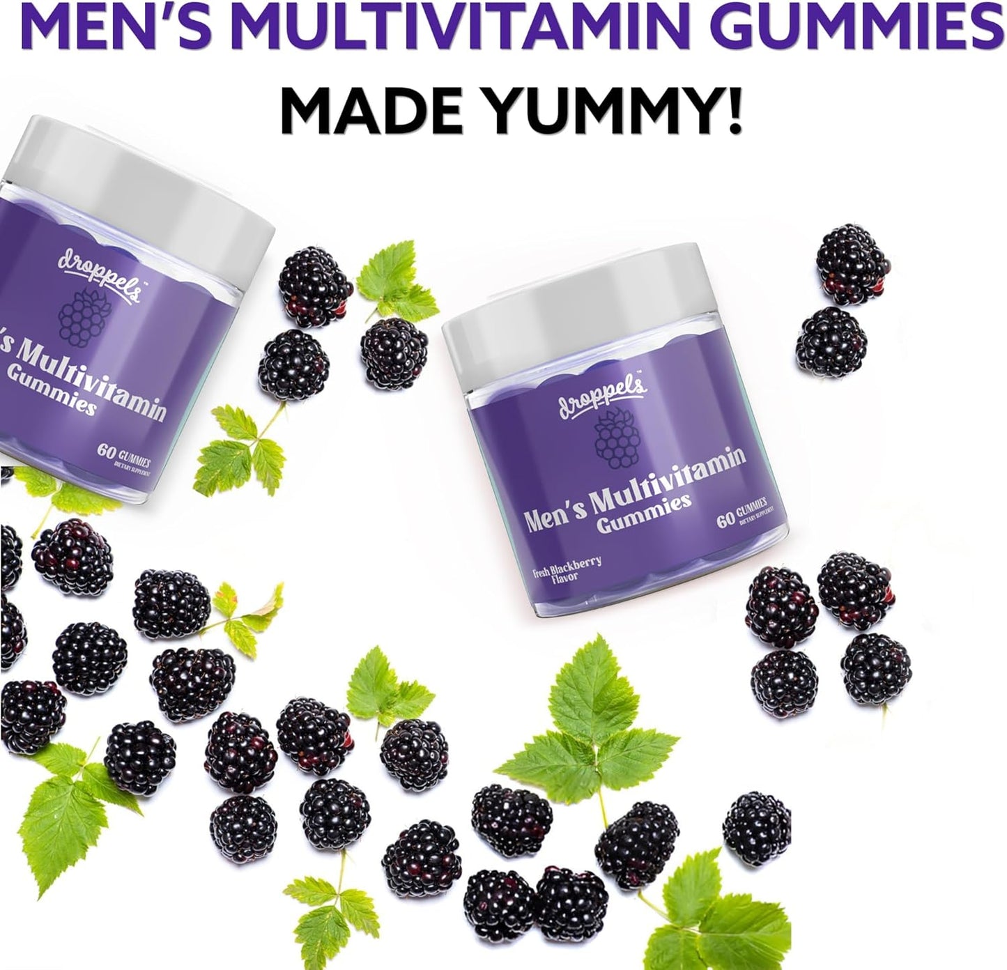 Vegan Men's Multivitamin Gummies with Folic Acid, Vitamins A, D, C, E, K, B6, B12, Biotin & More - Fresh BlackBerry Flavor, 60 Count