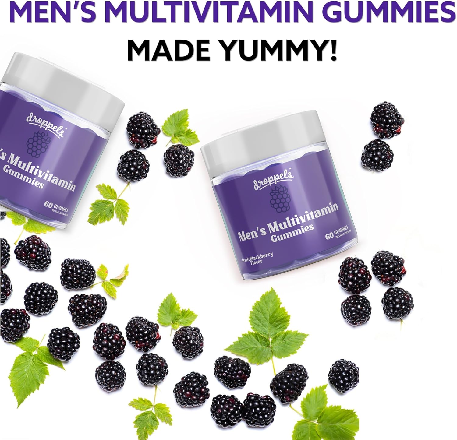 Vegan Men's Multivitamin Gummies with Folic Acid, Vitamins A, D, C, E, K, B6, B12, Biotin & More - Fresh BlackBerry Flavor, 60 Count