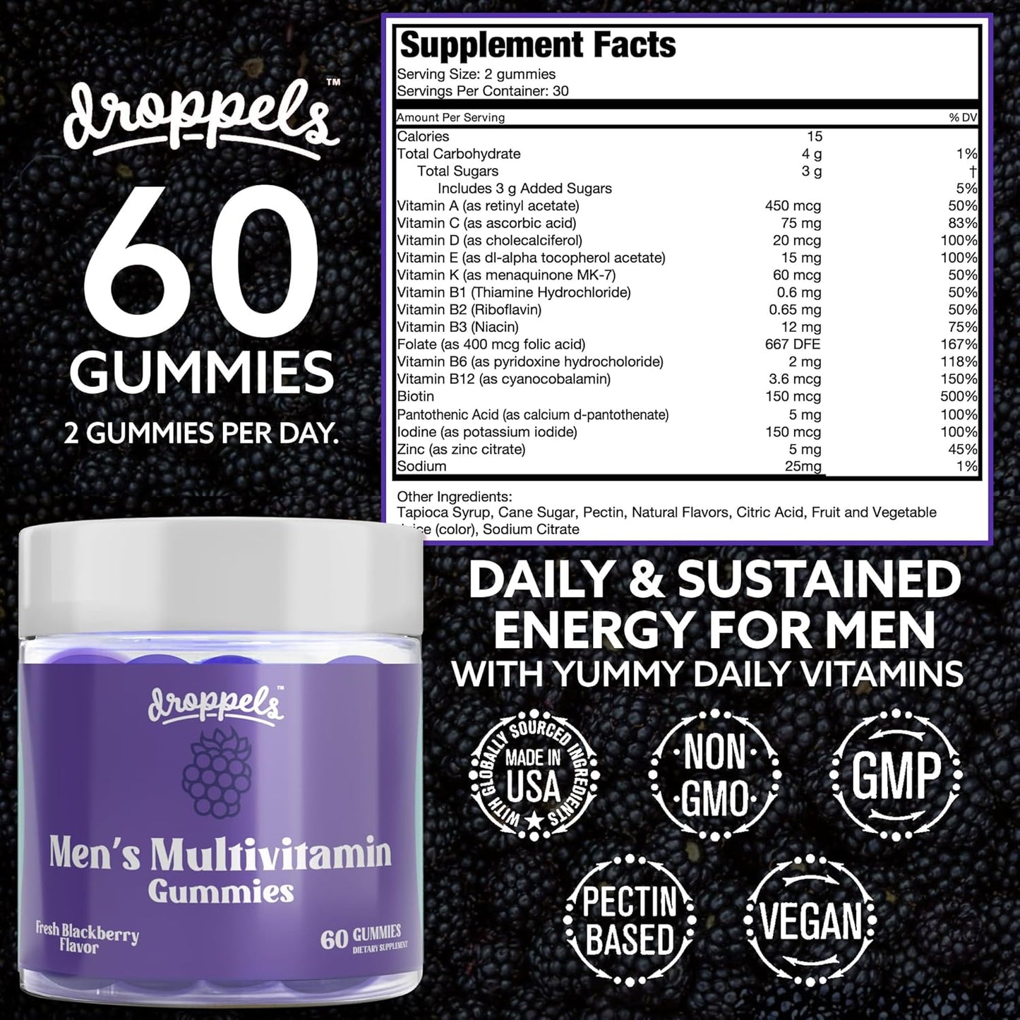 Vegan Men's Multivitamin Gummies with Folic Acid, Vitamins A, D, C, E, K, B6, B12, Biotin & More - Fresh BlackBerry Flavor, 60 Count