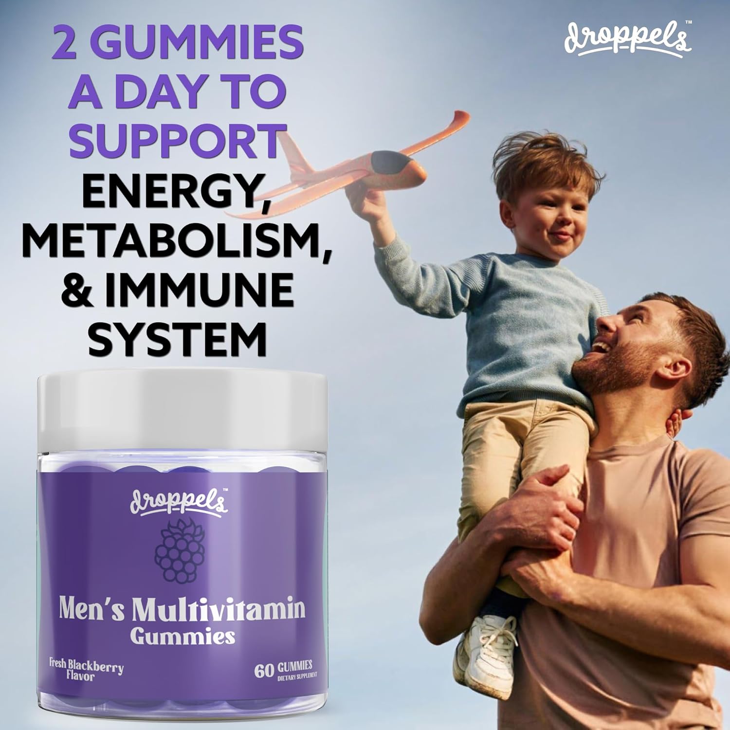 Vegan Men's Multivitamin Gummies with Folic Acid, Vitamins A, D, C, E, K, B6, B12, Biotin & More - Fresh BlackBerry Flavor, 60 Count