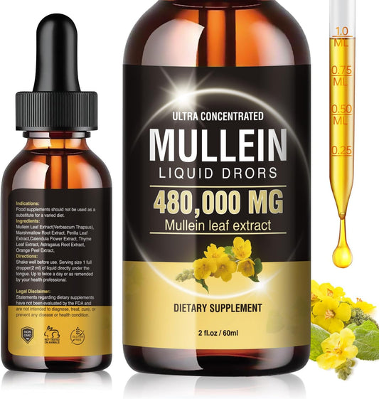 Vegan Mullein Leaf Extract Drops for Lung Detox & Immune Support 1600MG - Non-GMO Respiratory Supplement with Marshmallow Root, Perilla, Orange Peel - 2 Fl OZ