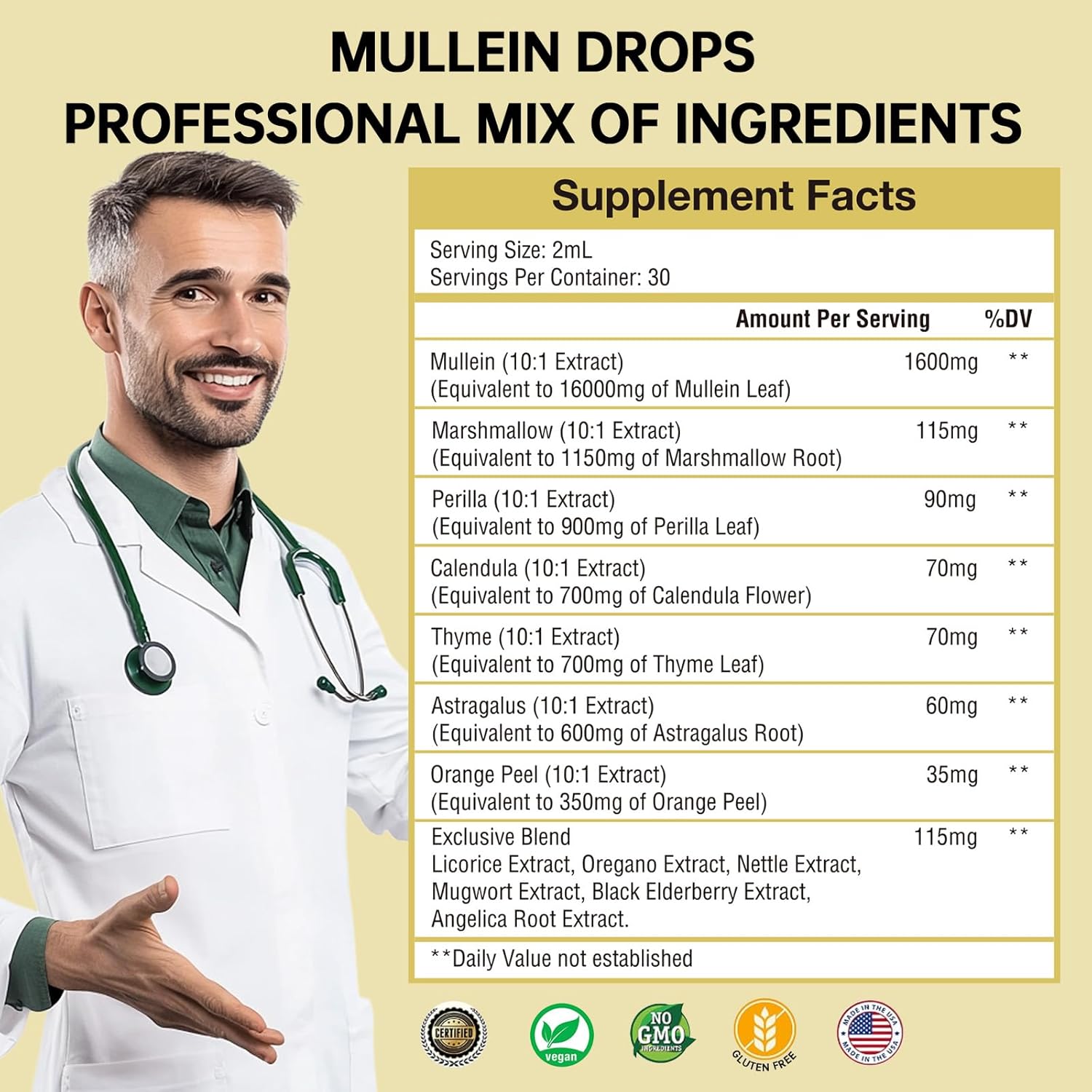 Vegan Mullein Leaf Extract Drops for Lung Detox & Immune Support 1600MG - Non-GMO Respiratory Supplement with Marshmallow Root, Perilla, Orange Peel - 2 Fl OZ