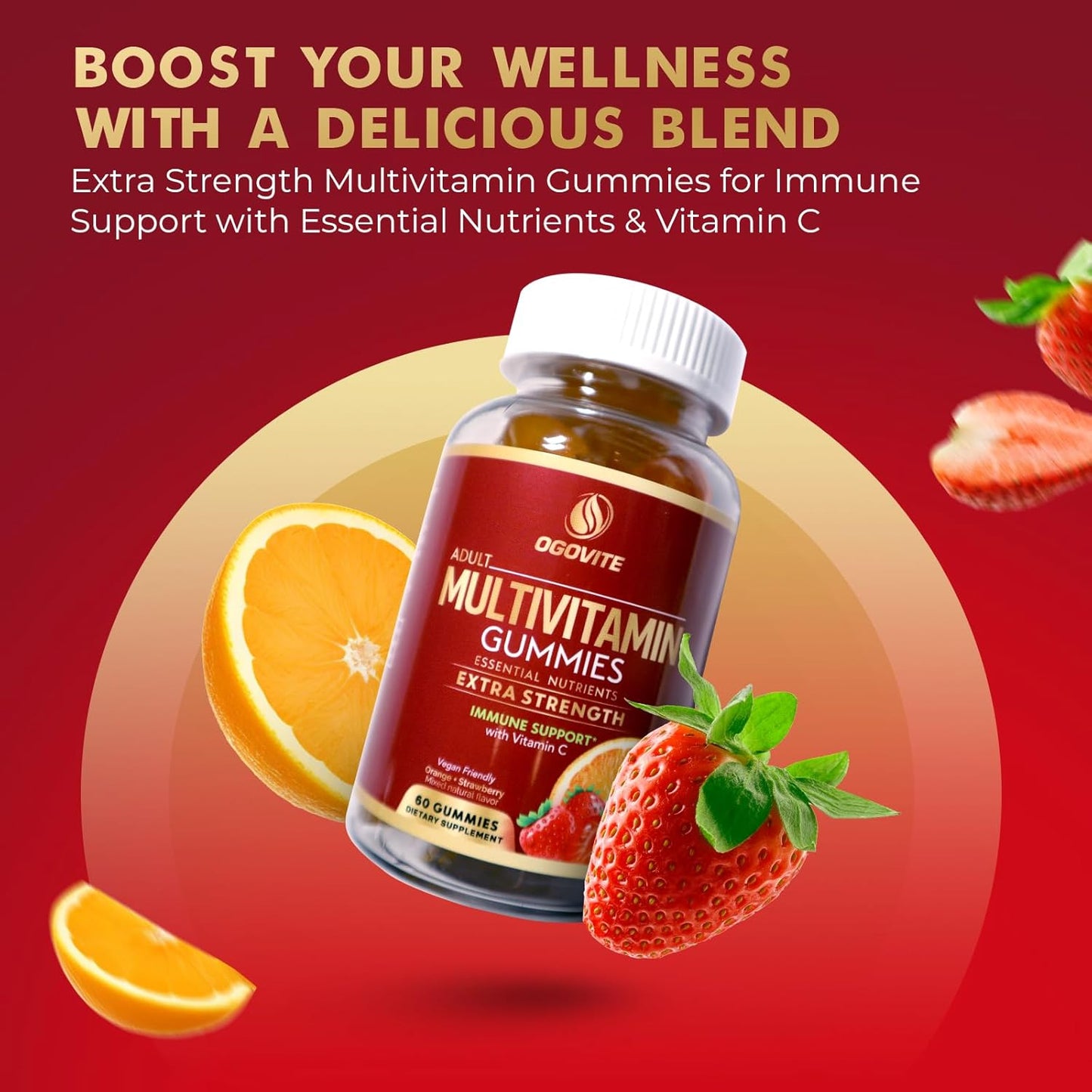 Vegan Multivitamin Gummies for Adults | Boost Energy & Immune Health | Vitamin C & B Vitamins | Orange & Strawberry Flavor | 60 Gummies