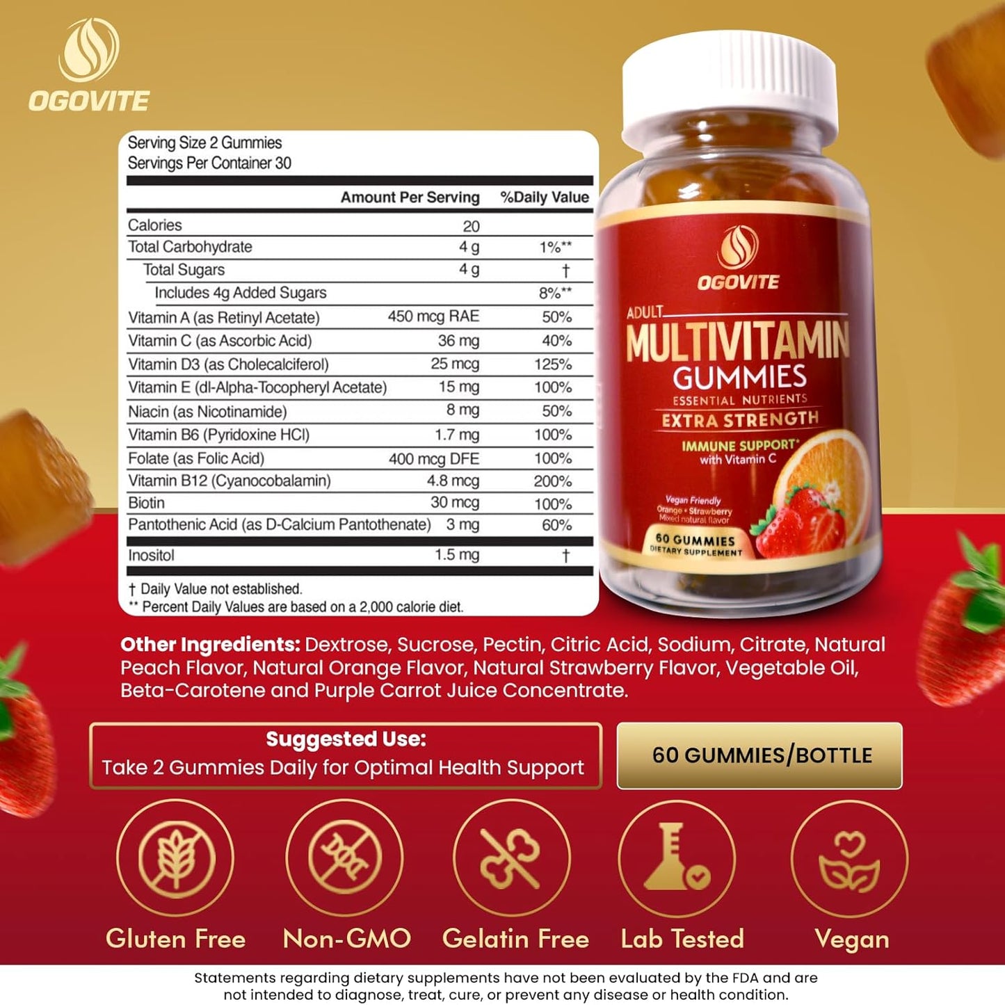 Vegan Multivitamin Gummies for Adults | Boost Energy & Immune Health | Vitamin C & B Vitamins | Orange & Strawberry Flavor | 60 Gummies