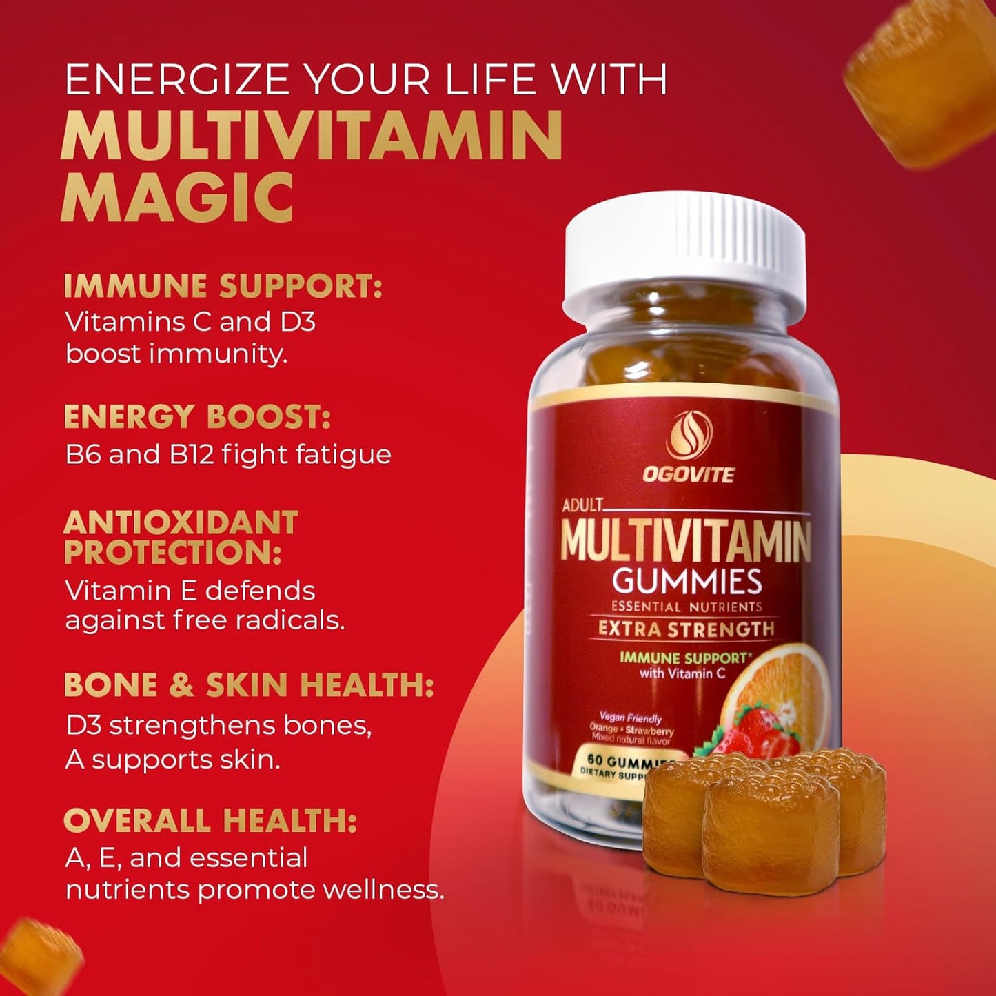 Vegan Multivitamin Gummies for Adults | Boost Energy & Immune Health | Vitamin C & B Vitamins | Orange & Strawberry Flavor | 60 Gummies