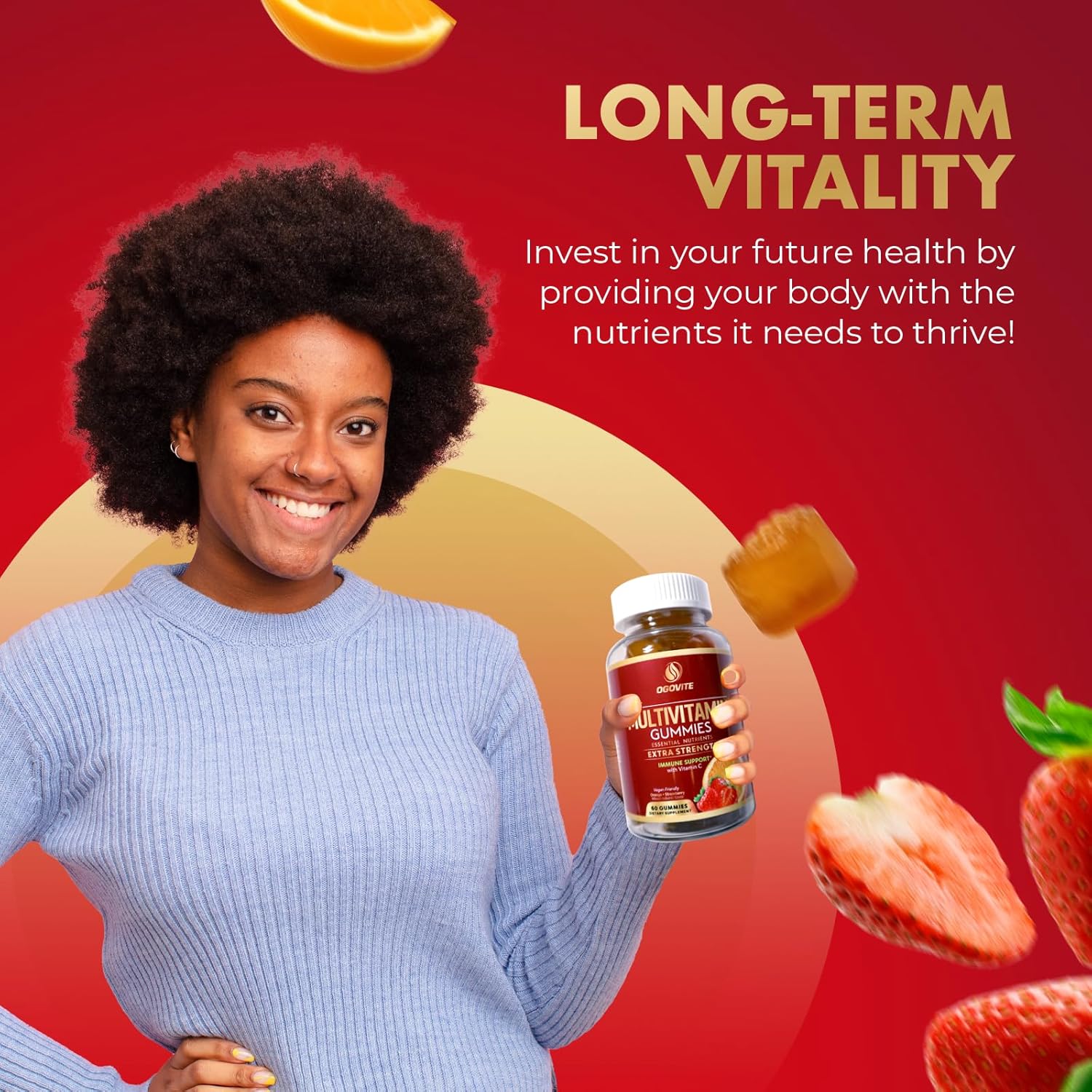 Vegan Multivitamin Gummies for Adults | Boost Energy & Immune Health | Vitamin C & B Vitamins | Orange & Strawberry Flavor | 60 Gummies