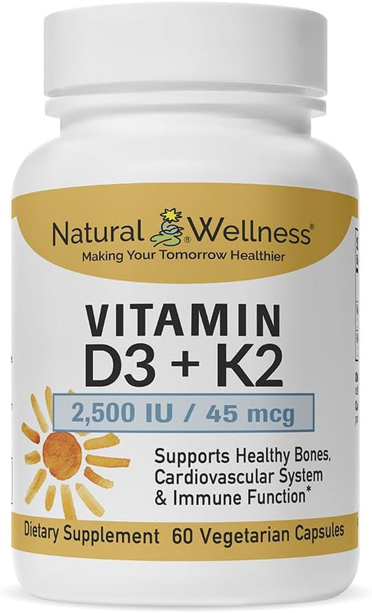 Vegan Natural Wellness Vitamin D3 + K2 Capsules for Bone, Heart, and Immune Health - 2500 IU D3 & 45 mcg K2 - 90 Count