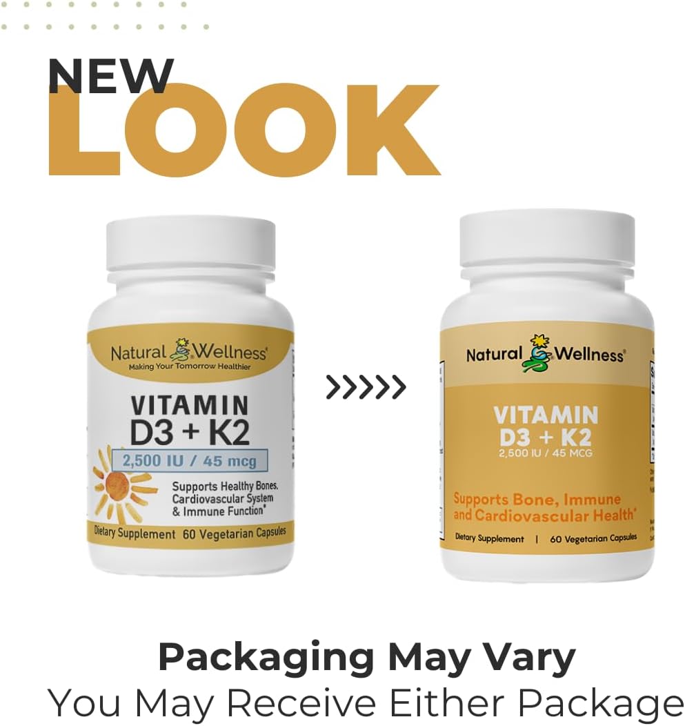 Vegan Natural Wellness Vitamin D3 + K2 Capsules for Bone, Heart, and Immune Health - 2500 IU D3 & 45 mcg K2 - 90 Count