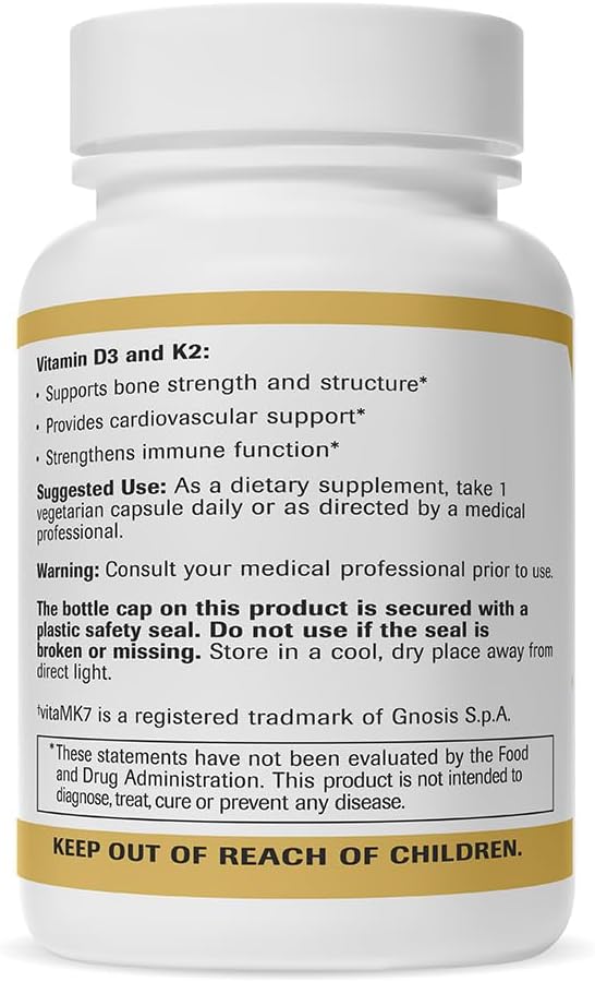 Vegan Natural Wellness Vitamin D3 + K2 Capsules for Bone, Heart, and Immune Health - 2500 IU D3 & 45 mcg K2 - 90 Count