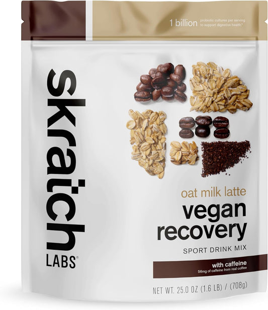 Vegan Oat Milk Latte Recovery Drink Mix with Plant Protein, Probiotics, and Caffeine - Gluten Free & Non-GMO - 12 Servings