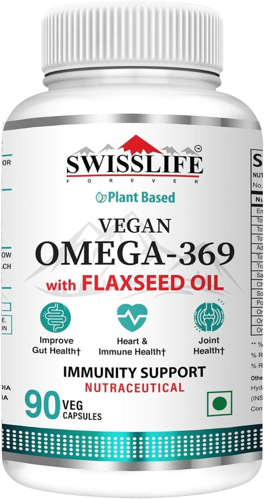 Vegan Omega 3 6 9 Supplement with Flaxseed, Borage, Olive Oils - Heart, Skin, Hair, Joint Support - 90 Capsules