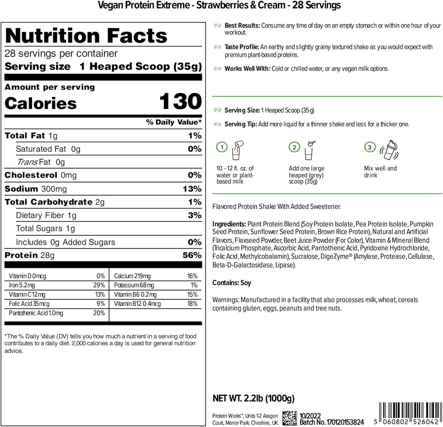 Vegan Protein Extreme Powder - Strawberries 'n' Cream Flavor | High Protein Plant-Based Shake | 2.20 lbs by The Protein Works