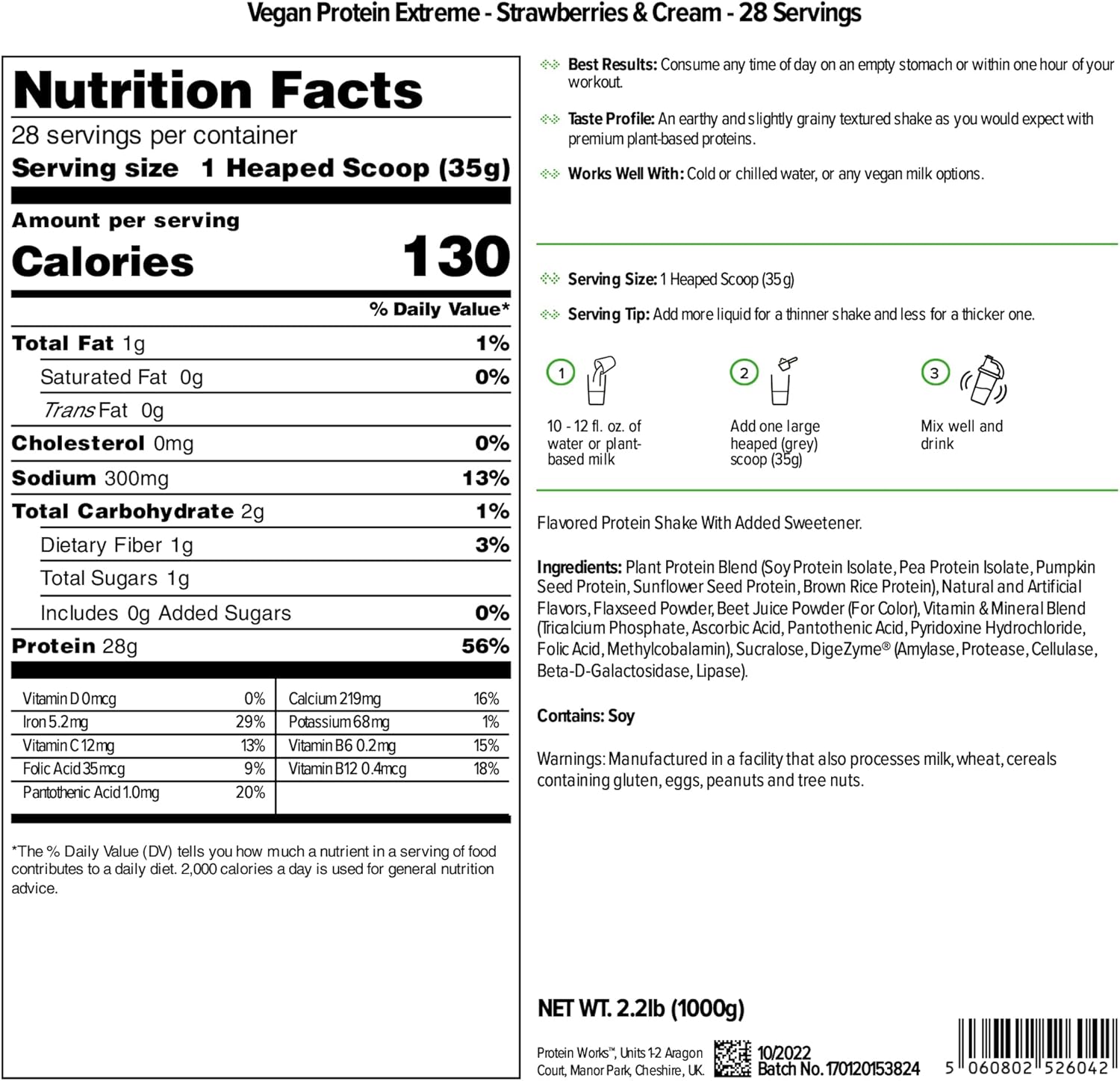 Vegan Protein Extreme Powder - Strawberries 'n' Cream Flavor | High Protein Plant-Based Shake | 2.20 lbs by The Protein Works