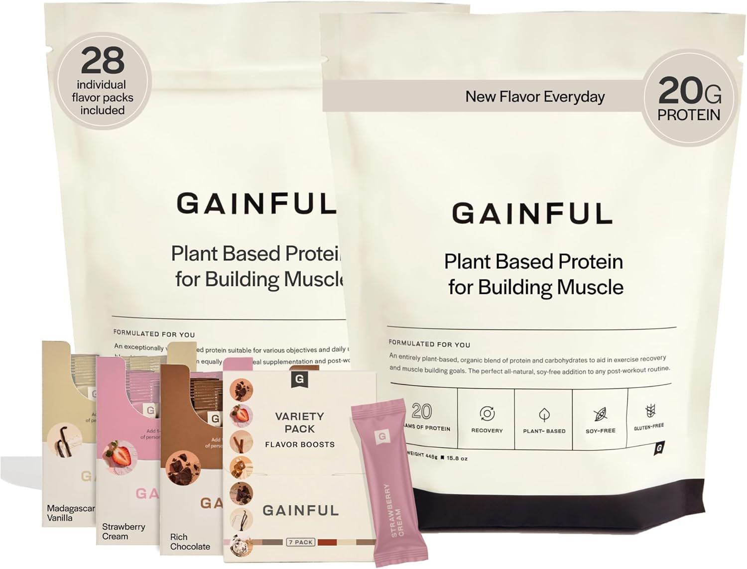 Vegan Protein Powder Bundle for Muscle Building, Plant-Based Post-Workout Support with Organic Rice + Pea Protein, Unflavored with Chocolate, Vanilla, Strawberry & Variety Pack Flavor Boosts, 28 Servings