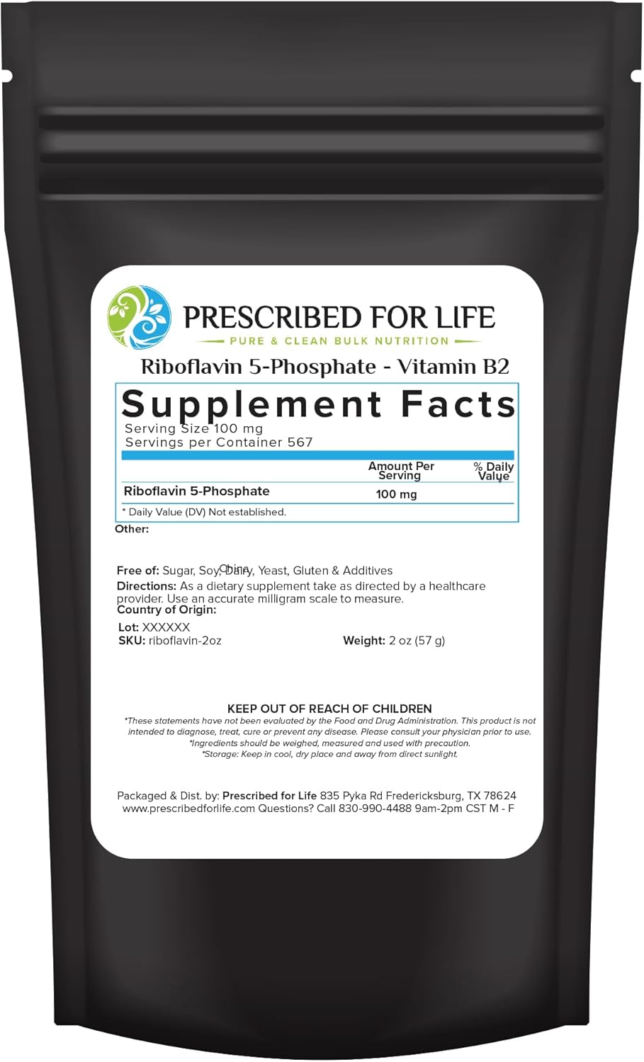 Vegan Riboflavin 5 Phosphate Powder - Gluten-Free, Non-GMO, Soy-Free, Kosher - Natural Vitamin B2 Supplement for Hair, Skin, Nails - 2oz