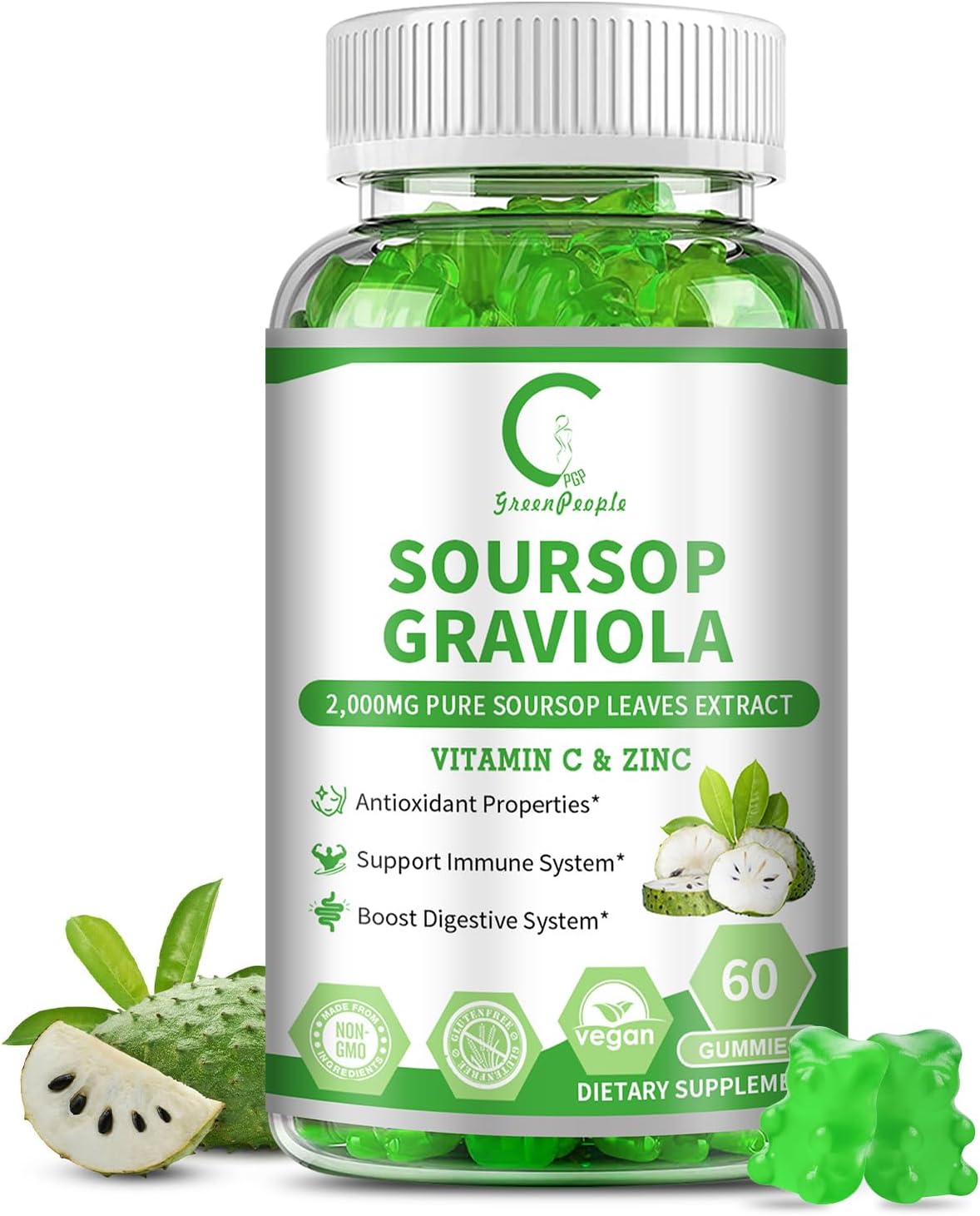 Vegan Soursop Graviola Gummies with Antioxidant Properties for Energy, Digestive & Immune Support - 60 Count