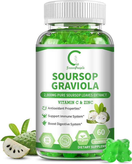 Vegan Soursop Graviola Gummies with Antioxidant Properties for Energy, Digestive & Immune Support - 60 Count