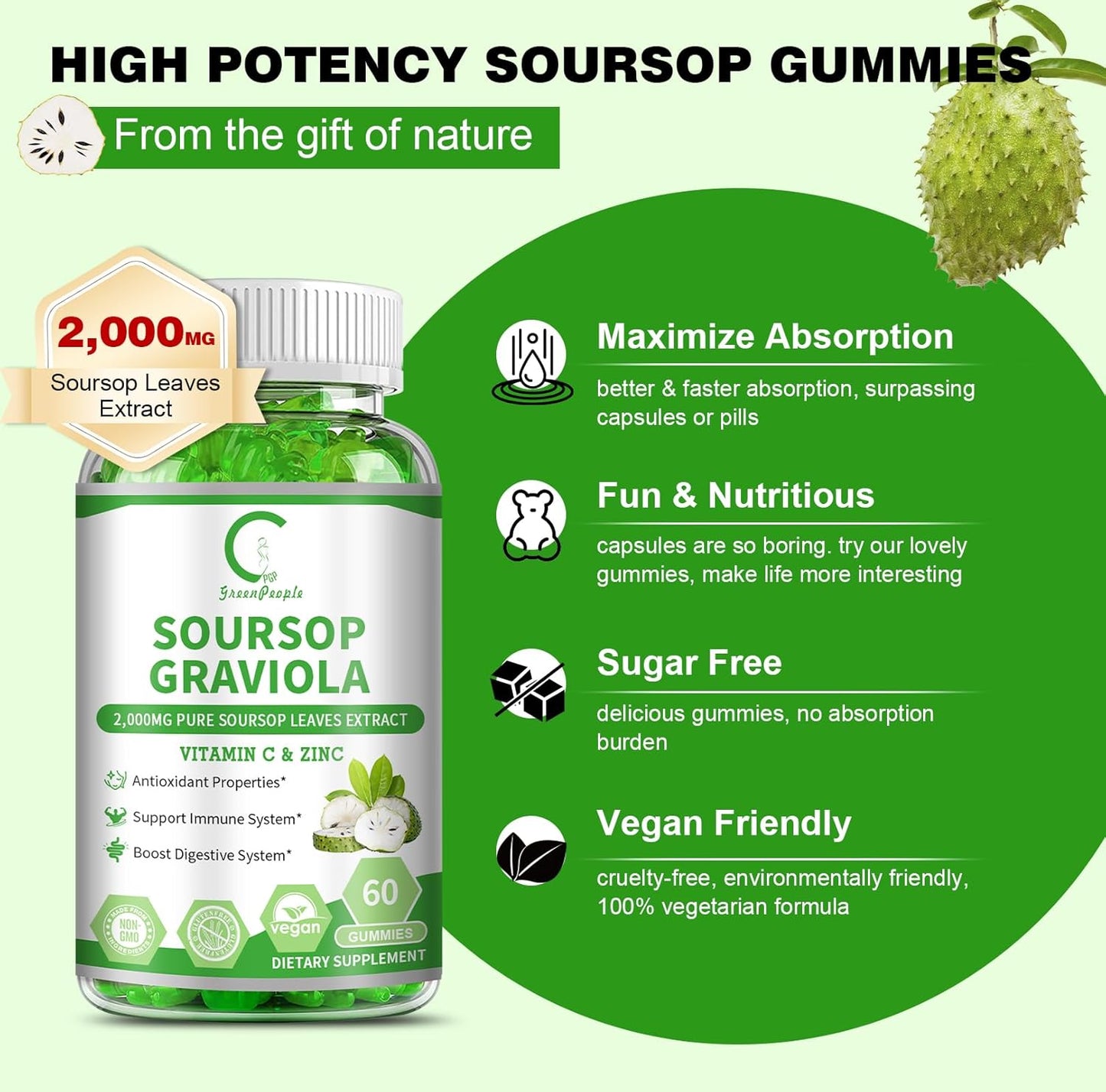 Vegan Soursop Graviola Gummies with Antioxidant Properties for Energy, Digestive & Immune Support - 60 Count