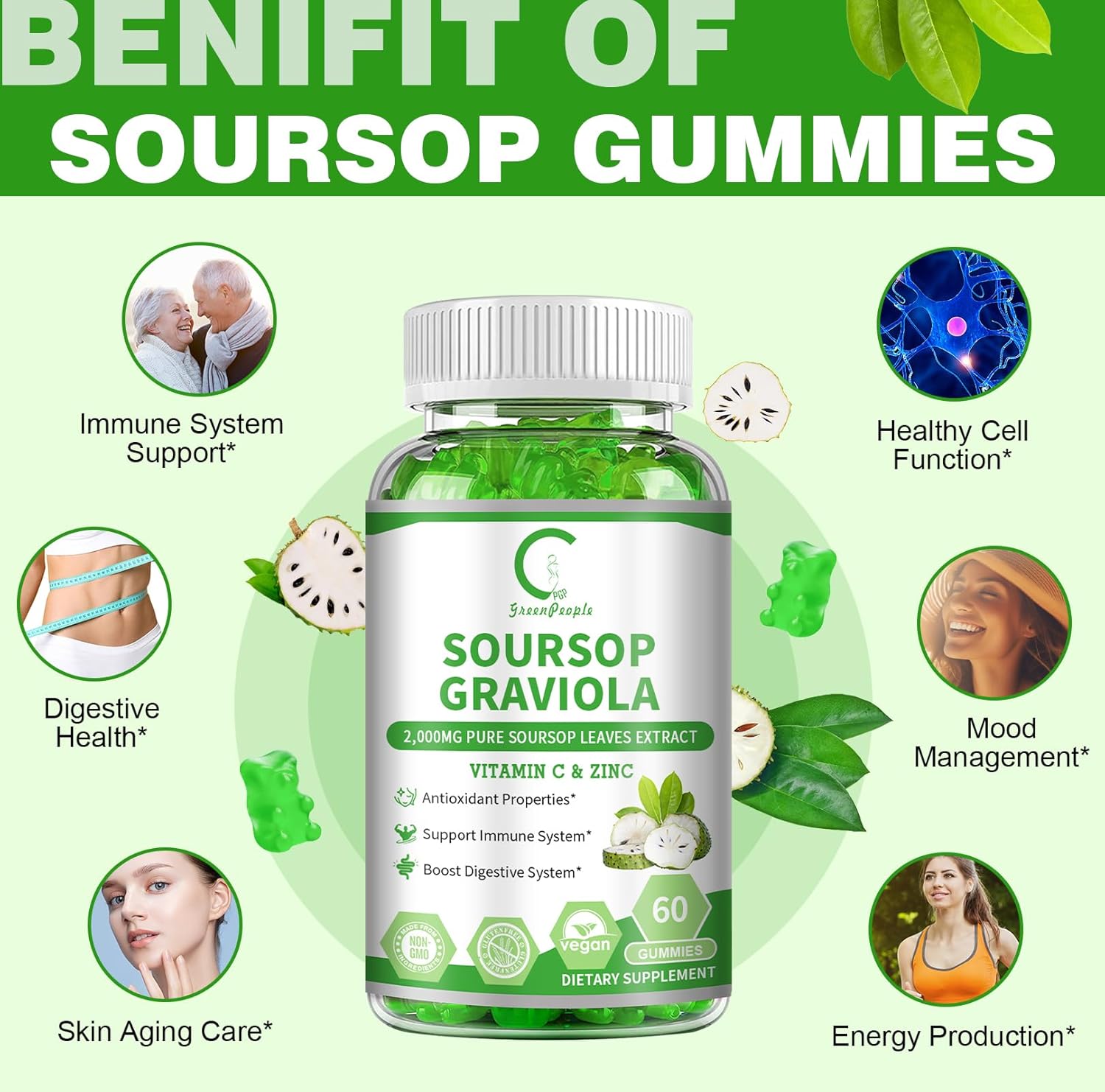 Vegan Soursop Graviola Gummies with Antioxidant Properties for Energy, Digestive & Immune Support - 60 Count